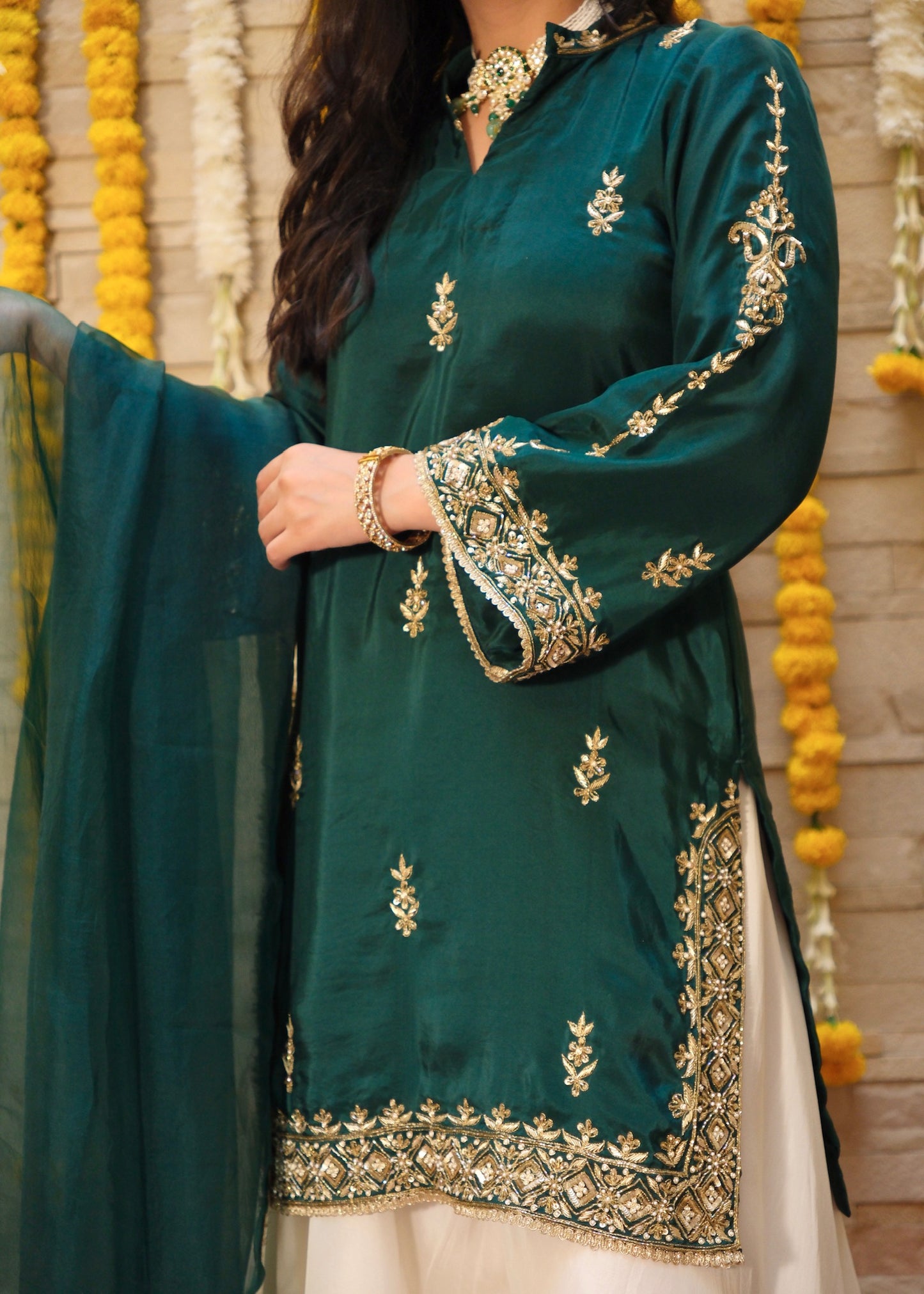 Sitara- Bottle Green Contrast Sharara Set