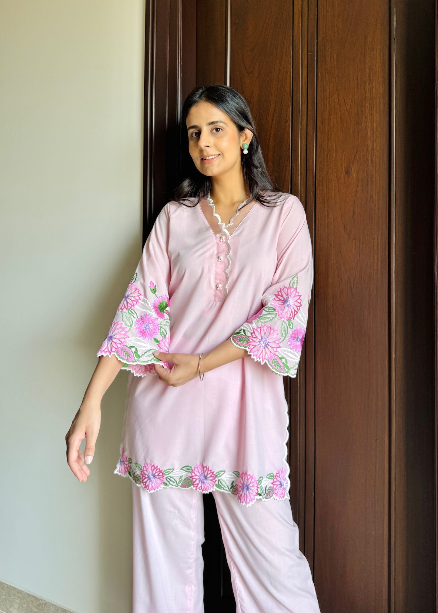 Blush Bloom Embroidered Cotton Co-ord Set