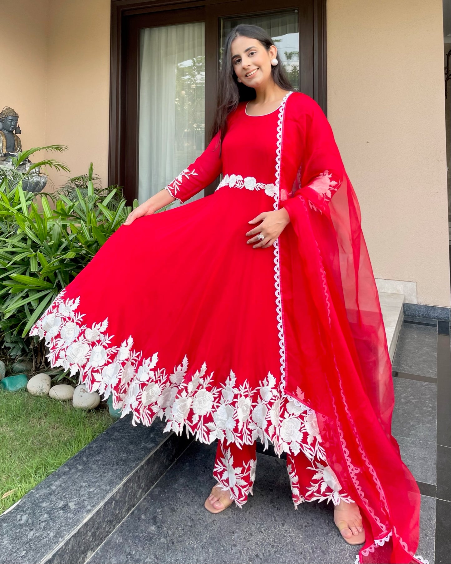 Scarlet Red Embroidered Anarkali Set