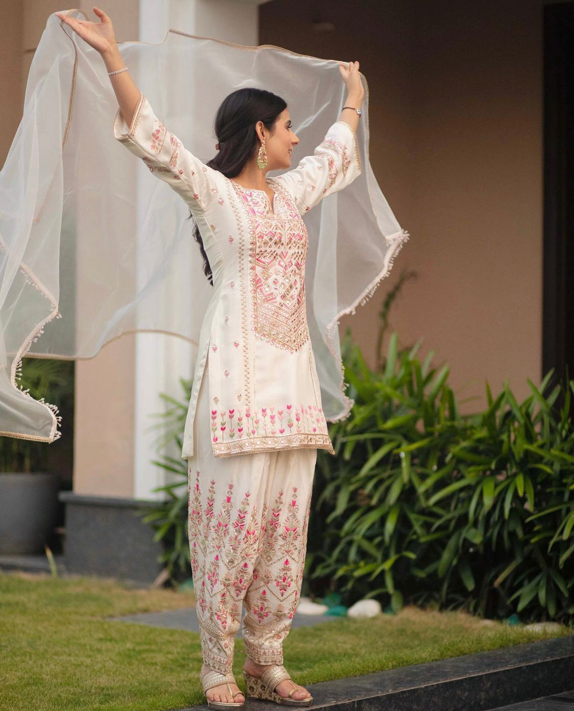 Ivory Silk Suit with Multi-Color Hand Embroidery