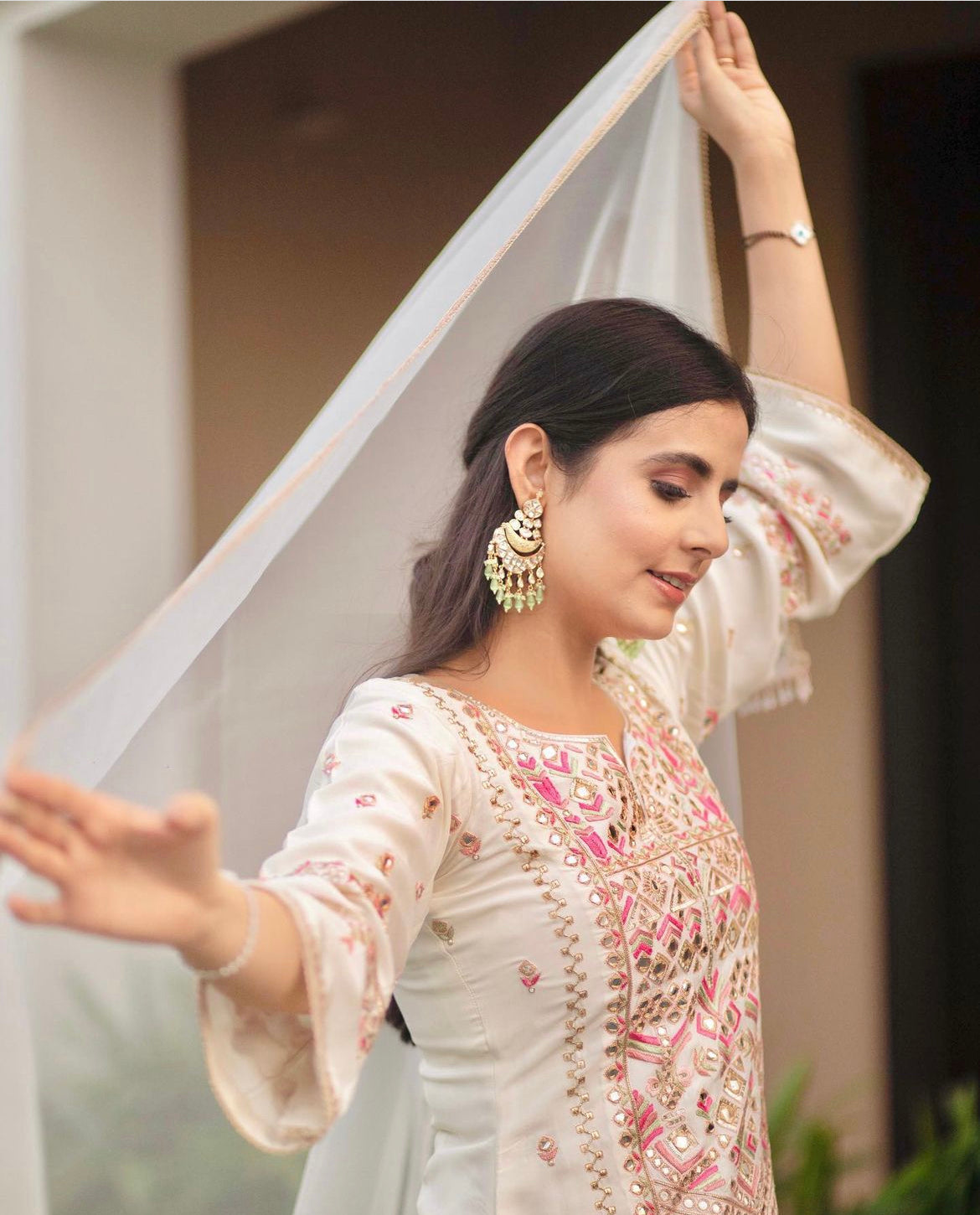 Ivory Silk Suit with Multi-Color Hand Embroidery