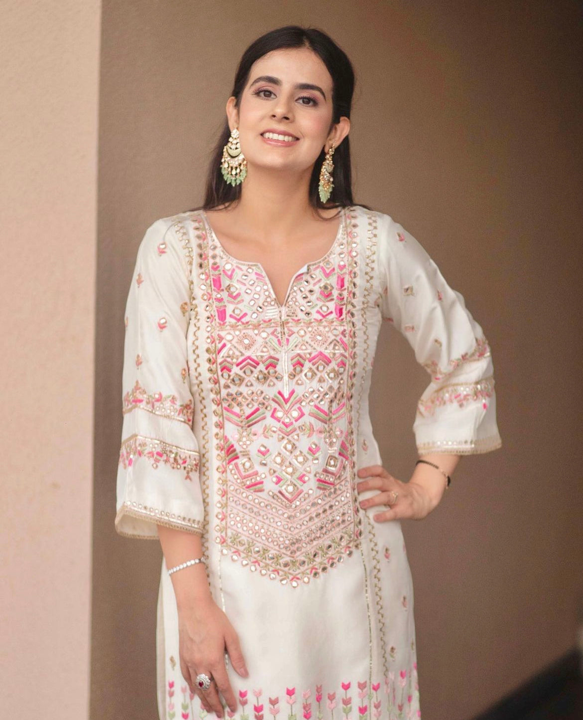 Ivory Silk Suit with Multi-Color Hand Embroidery