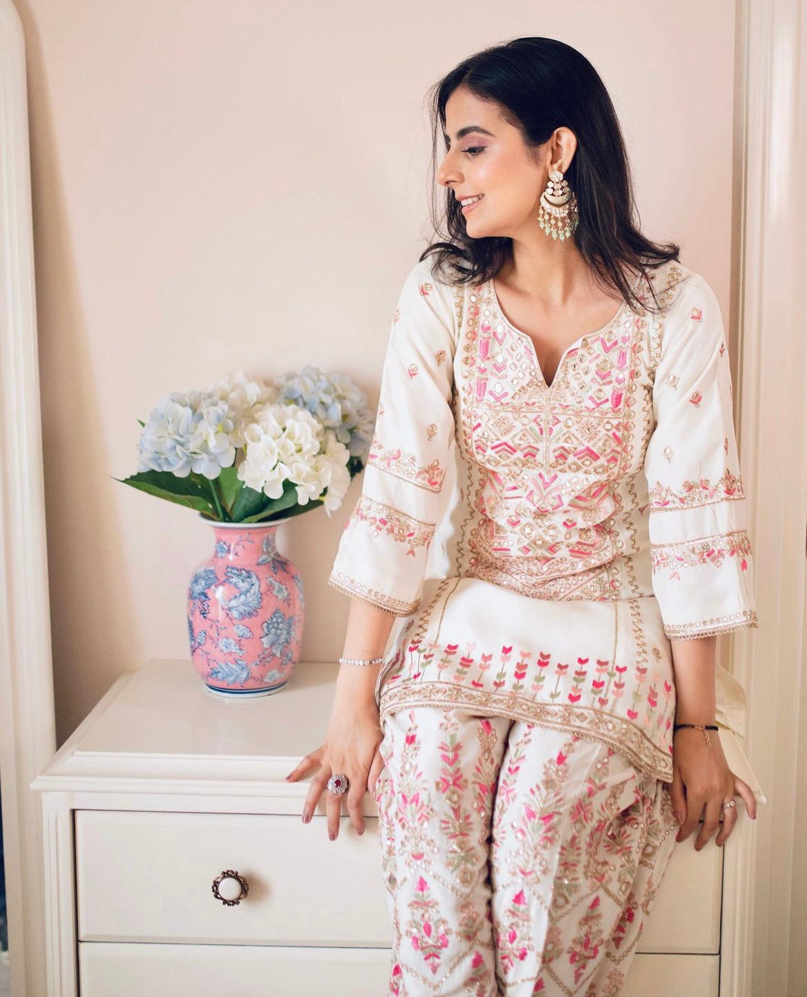 Ivory Silk Suit with Multi-Color Hand Embroidery
