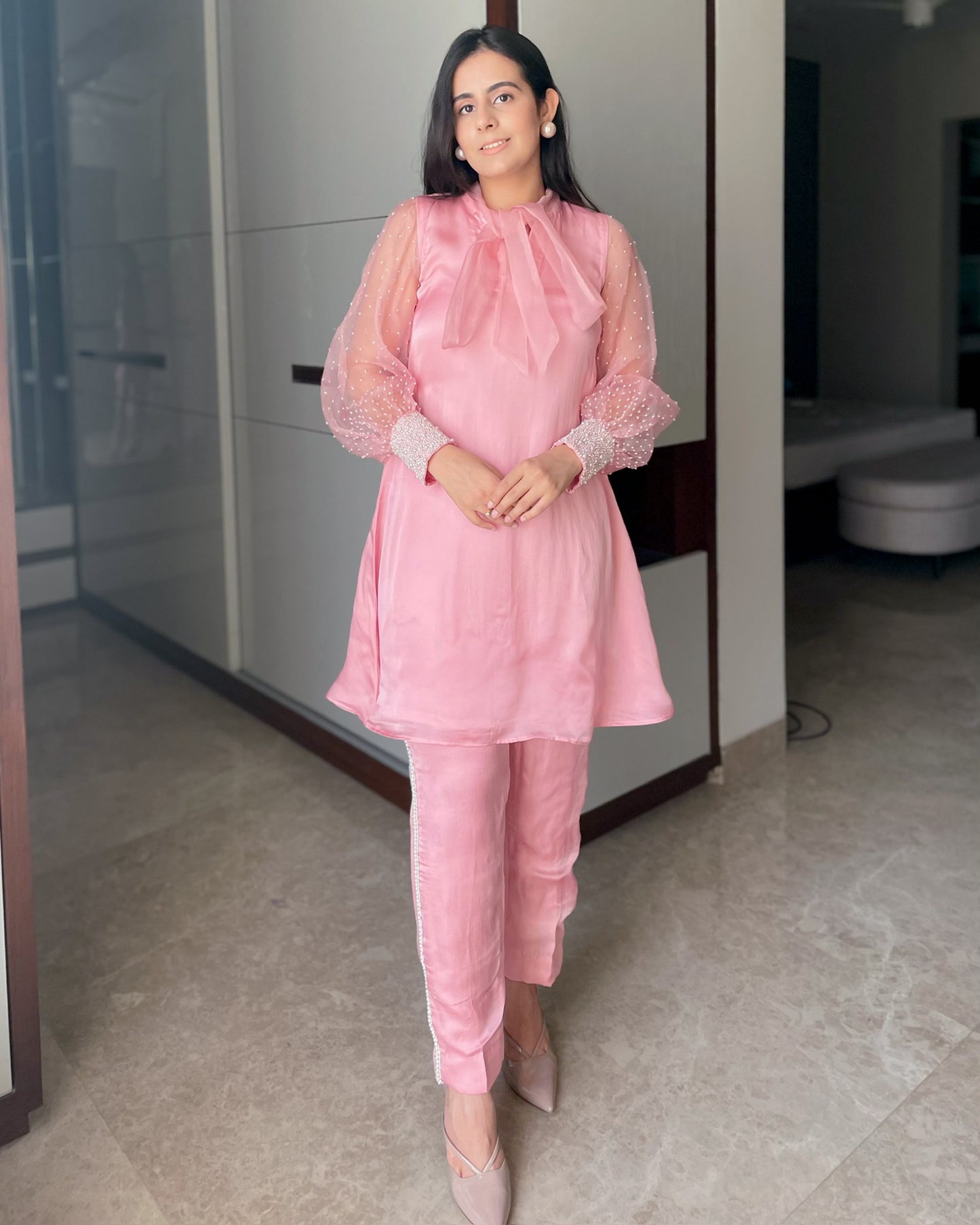 Peach Satin Organza Bow Set