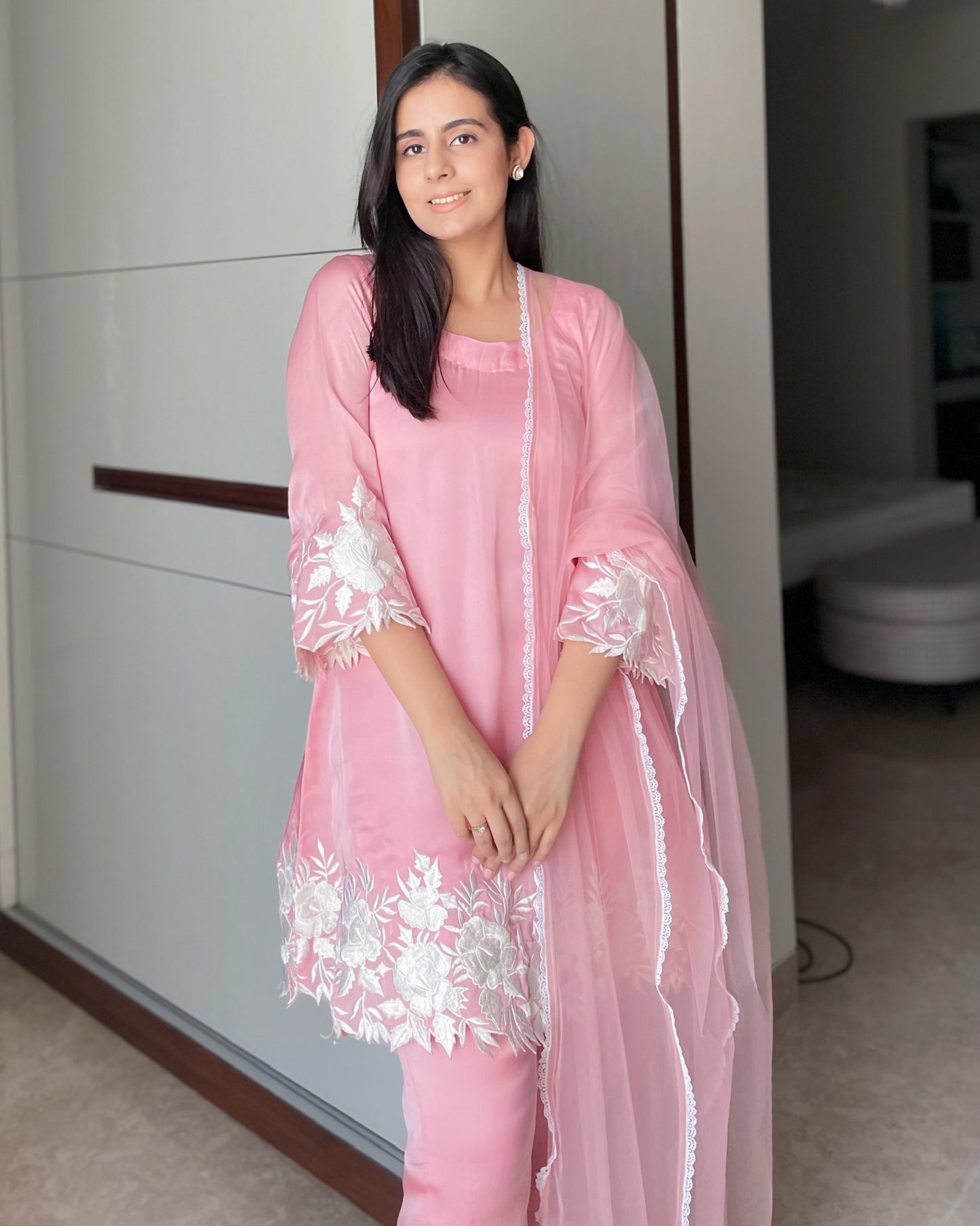 Blush Pink Satin Organza Suit with Thread Embroidery
