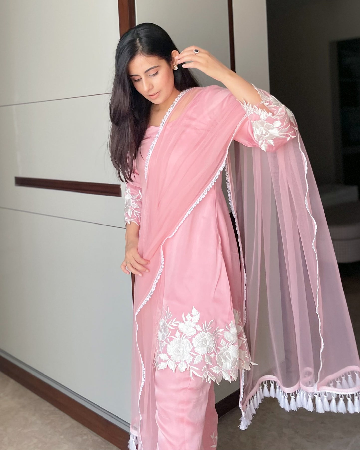 Blush Pink Satin Organza Suit with Thread Embroidery