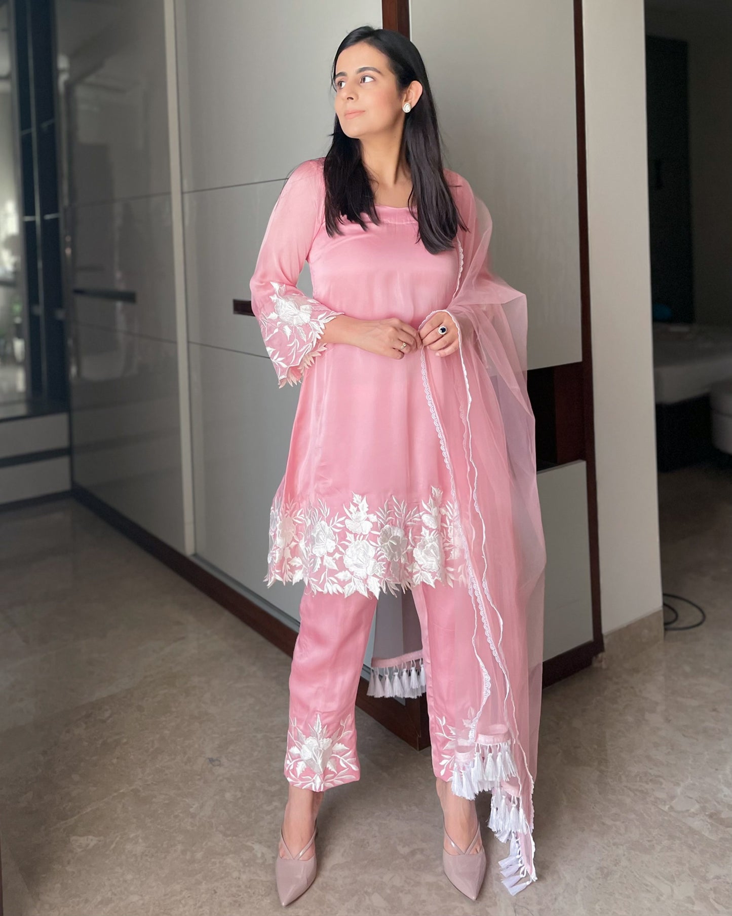 Blush Pink Satin Organza Suit with Thread Embroidery