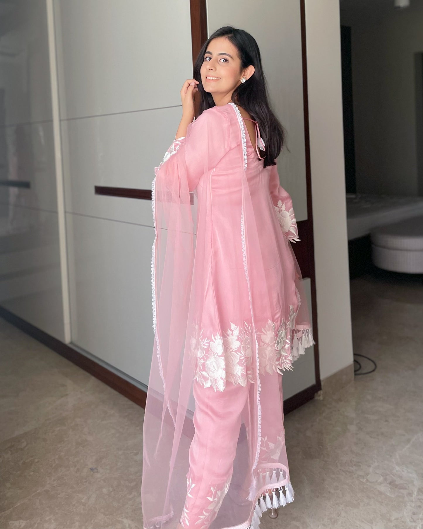 Blush Pink Satin Organza Suit with Thread Embroidery