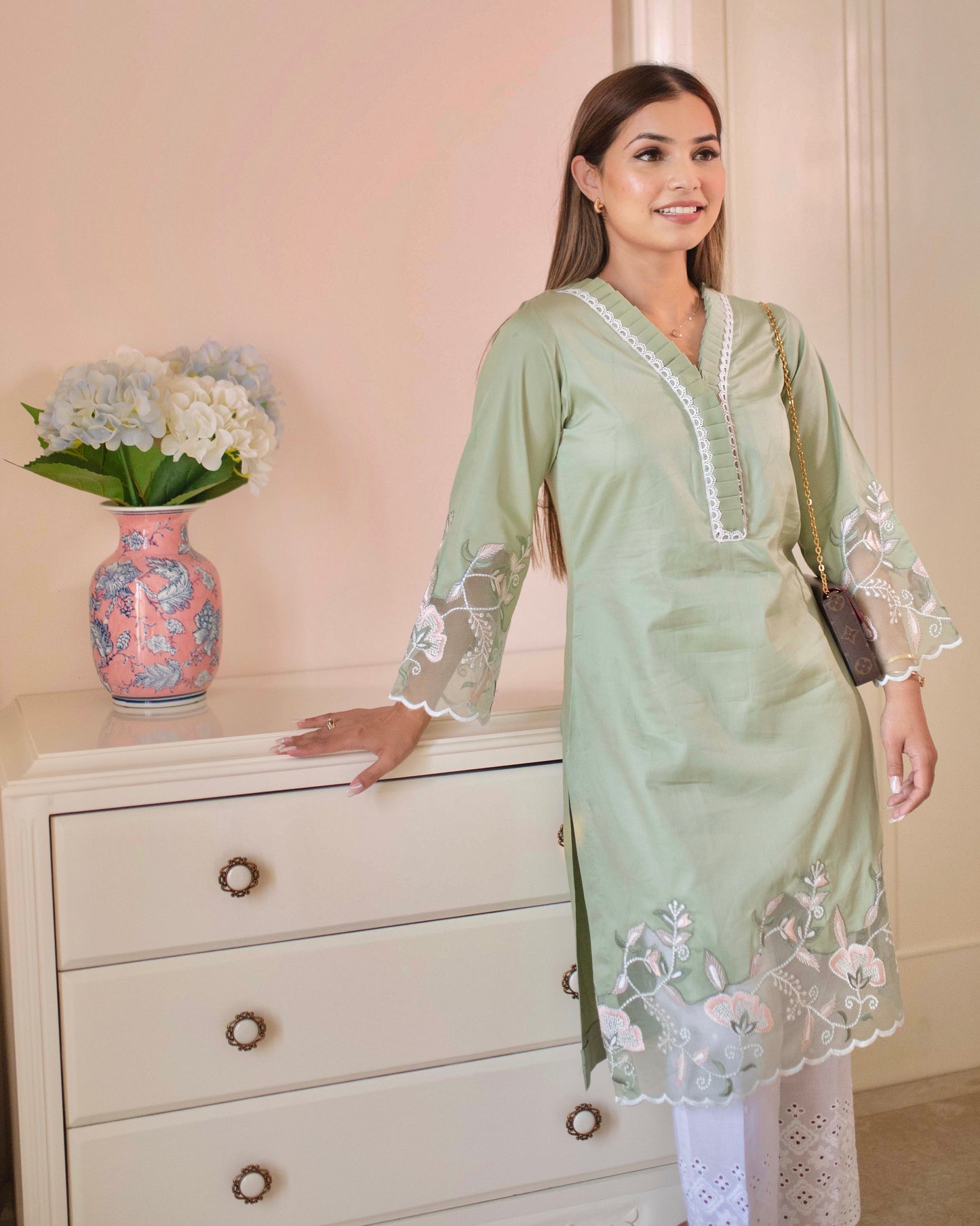 Sage Blossom Embroidered Cotton Suit Set