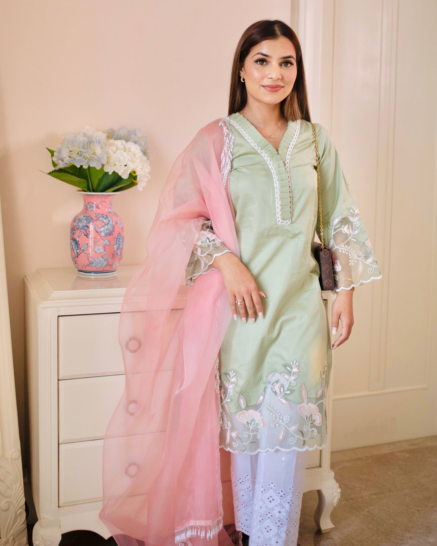 Sage Blossom Embroidered Cotton Suit Set