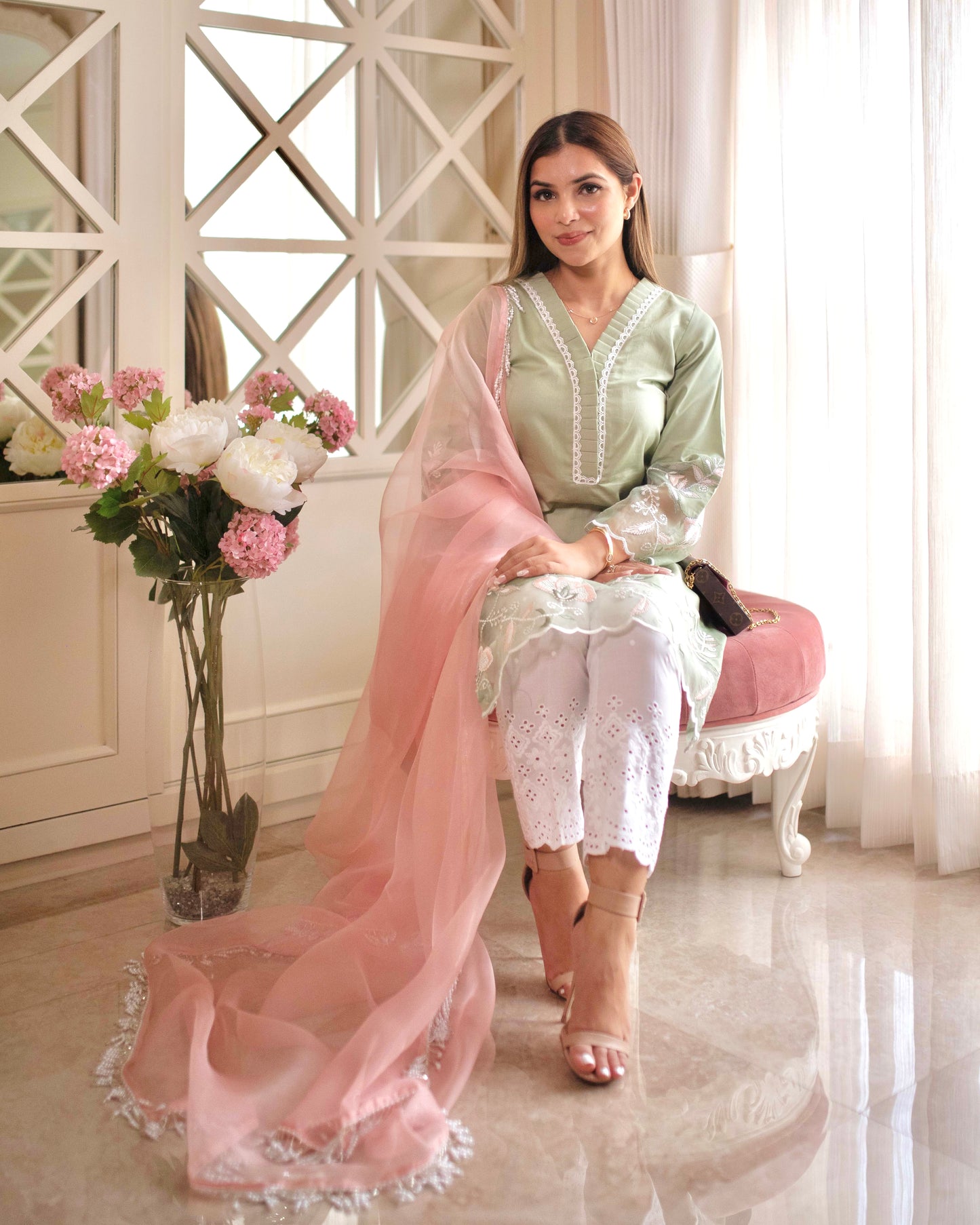 Sage Blossom Embroidered Cotton Suit Set