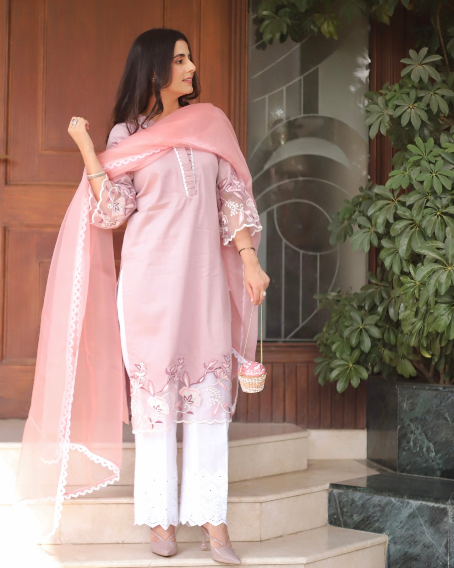 Mauve Blossom Embroidered Cotton Suit Set