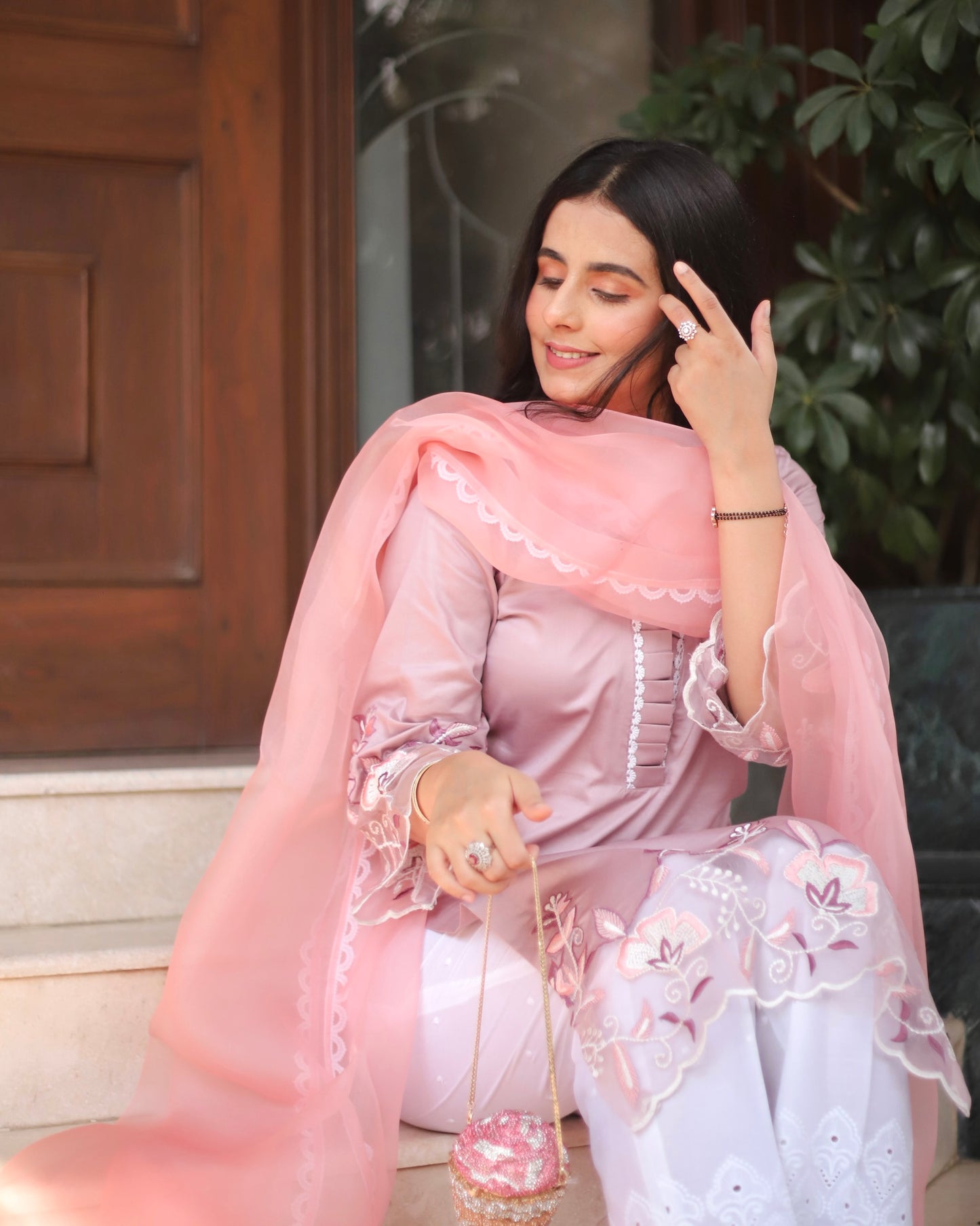 Mauve Blossom Embroidered Cotton Suit Set