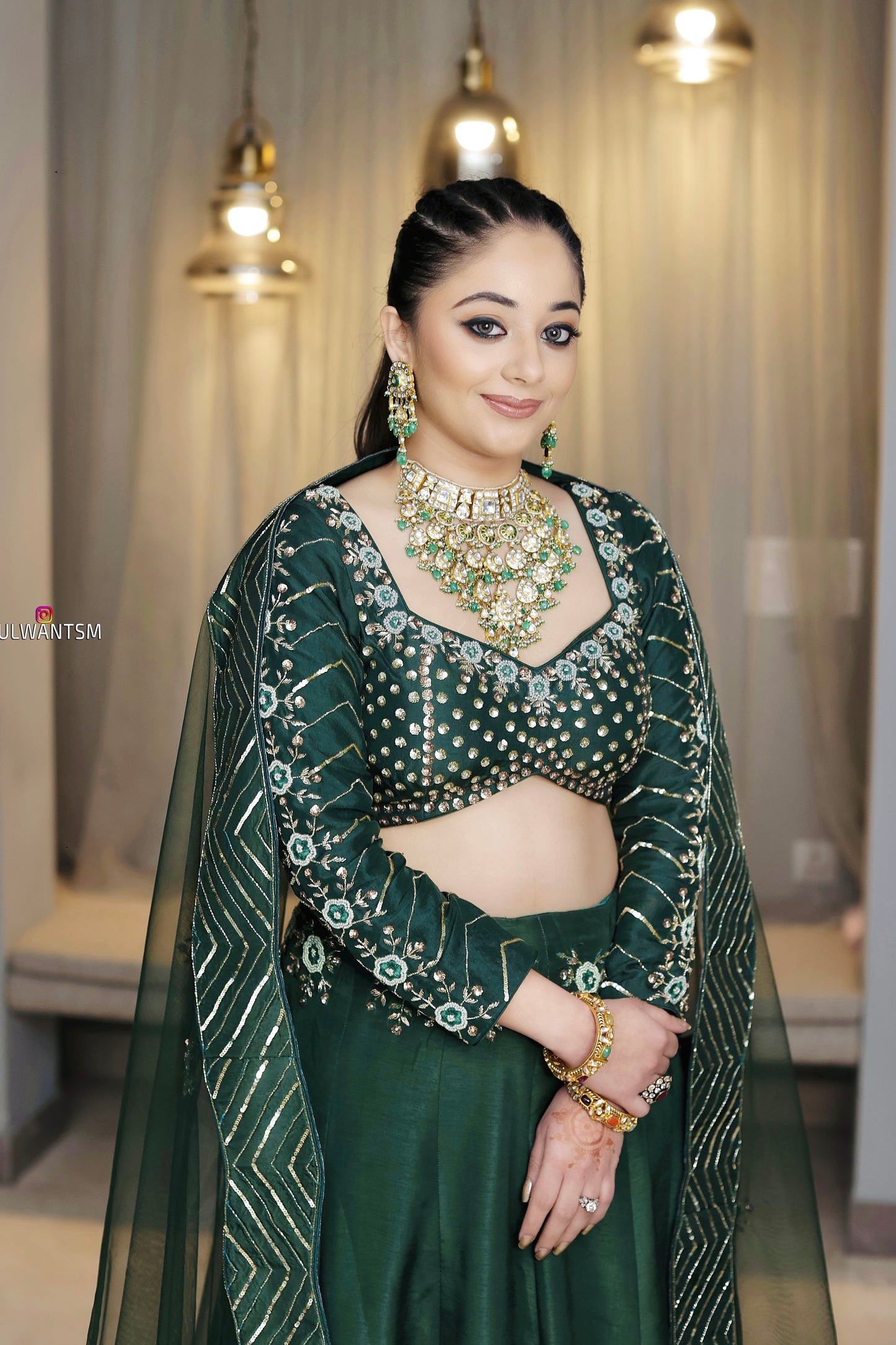 Emerald Green Silk Lehenga with Hand Embroidery