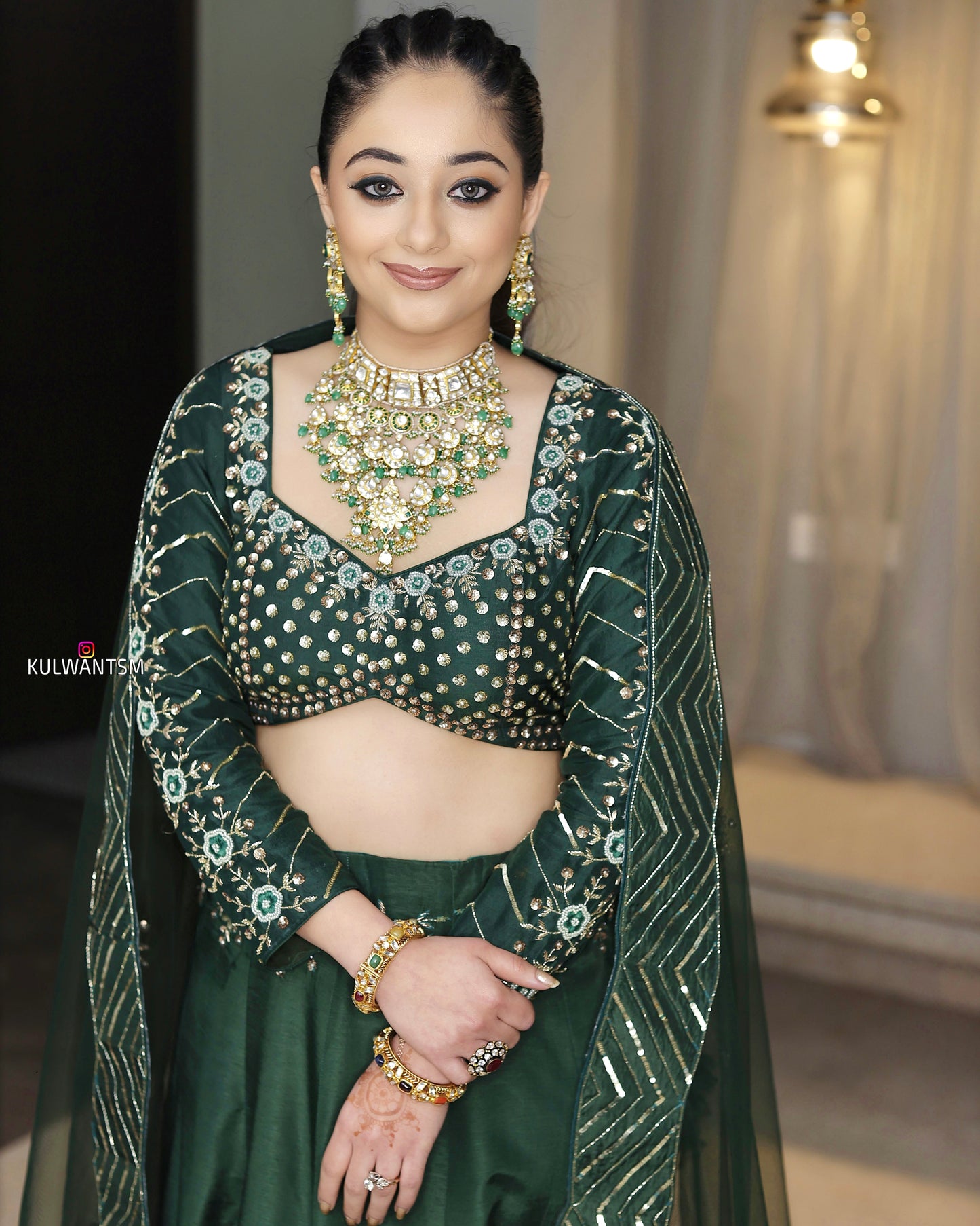 Emerald Green Silk Lehenga with Hand Embroidery