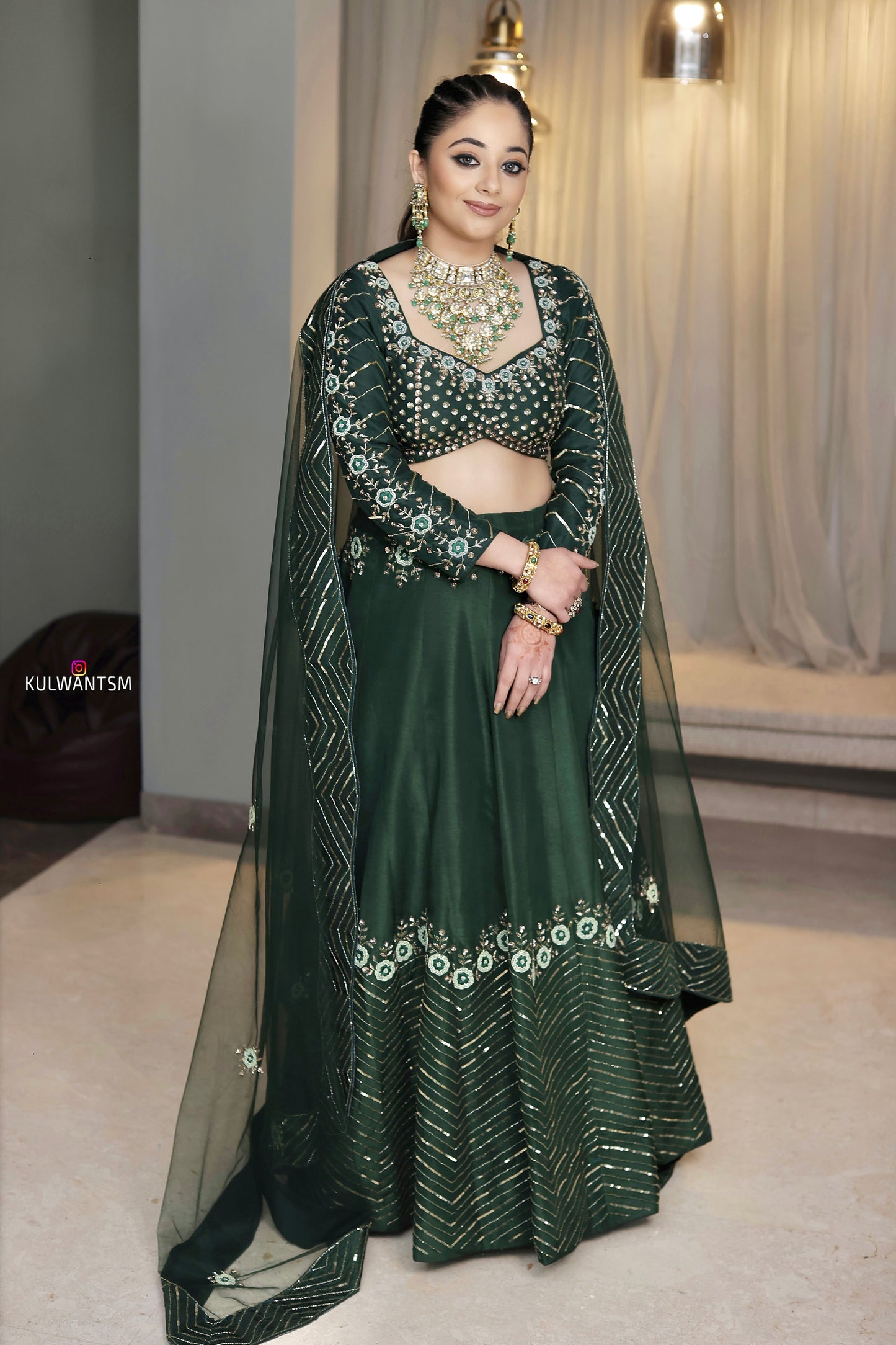 Emerald Green Silk Lehenga with Hand Embroidery