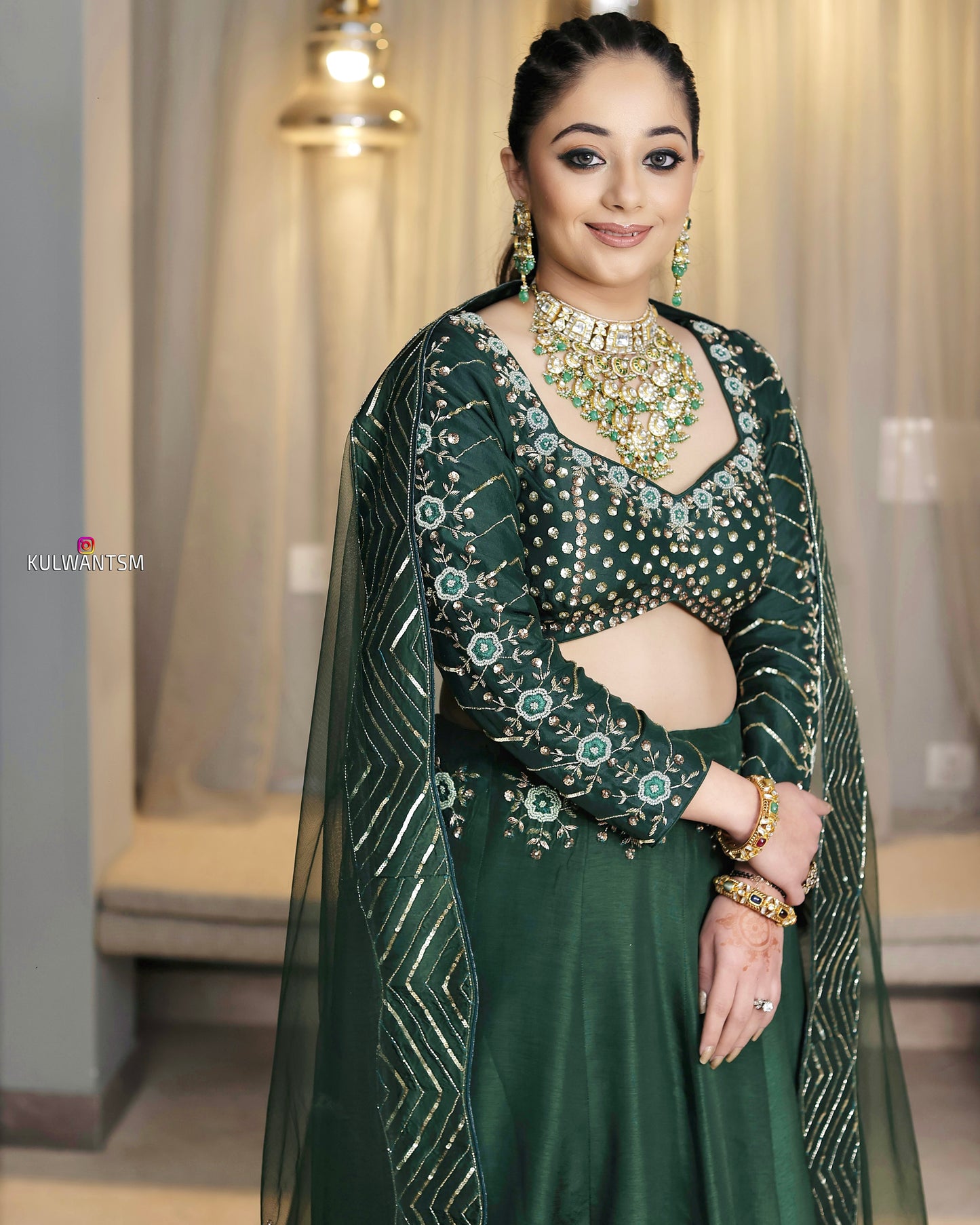 Emerald Green Silk Lehenga with Hand Embroidery