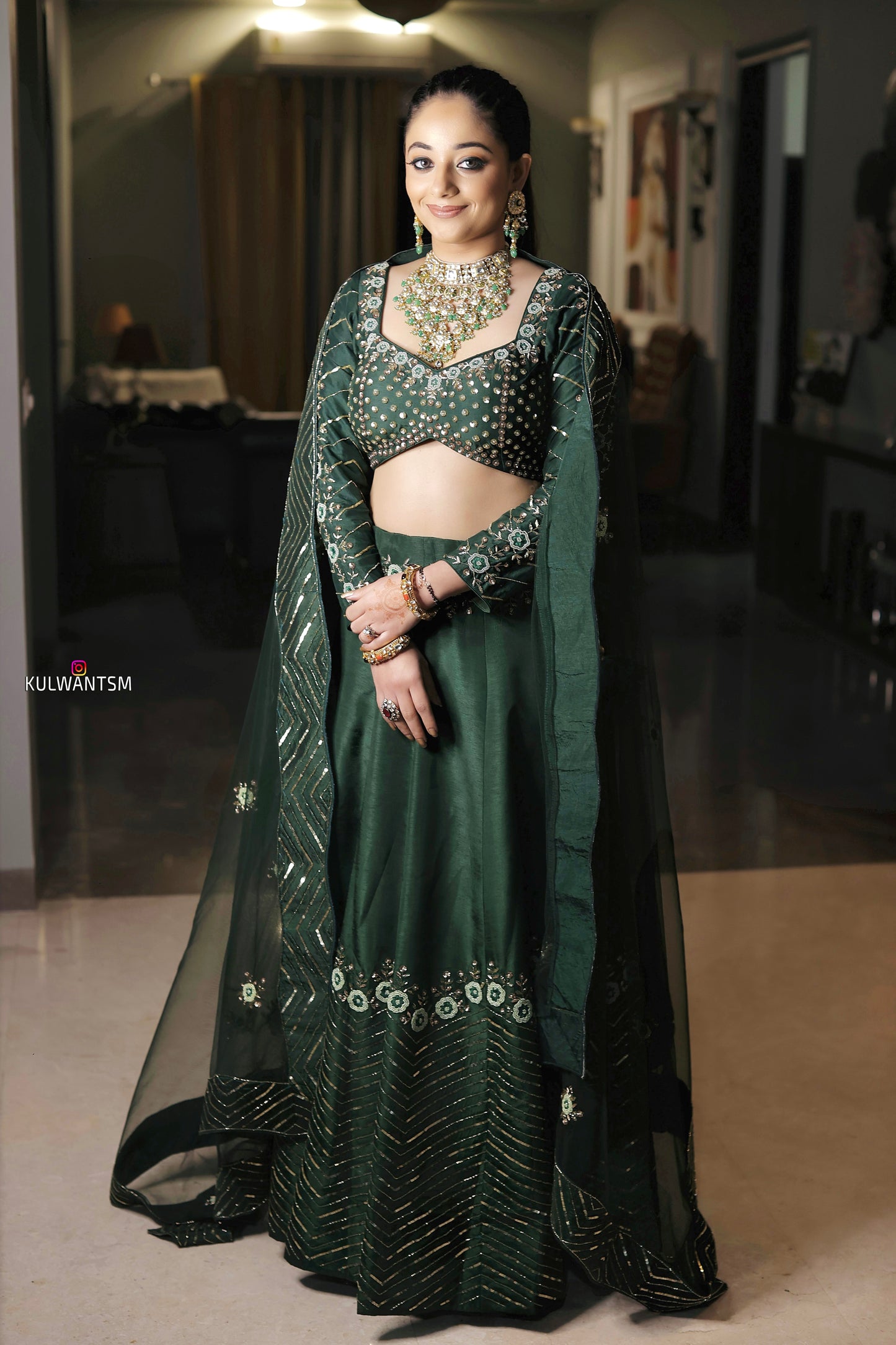 Emerald Green Silk Lehenga with Hand Embroidery