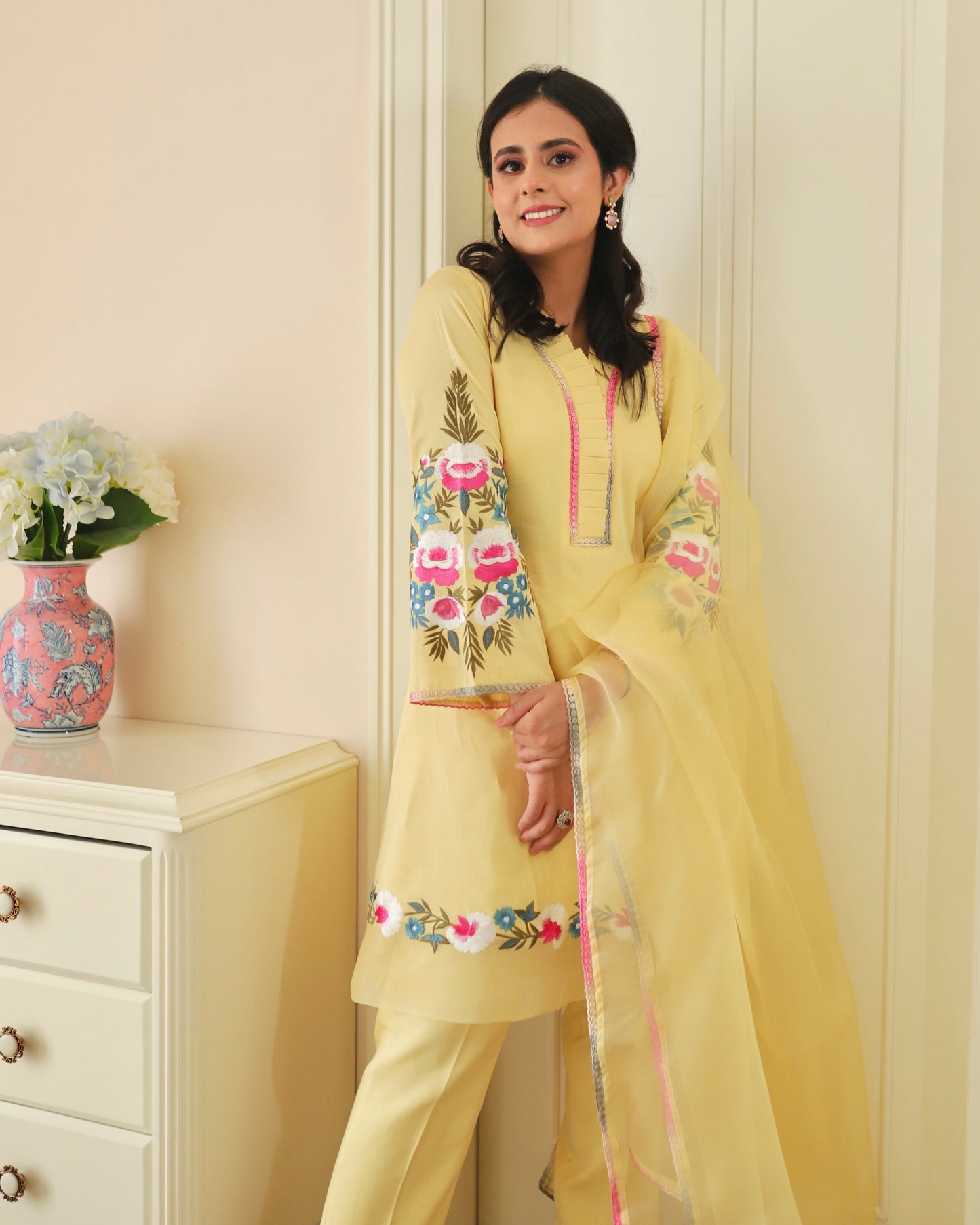 Yellow Cotton Ruffle Suit & Kurta Set