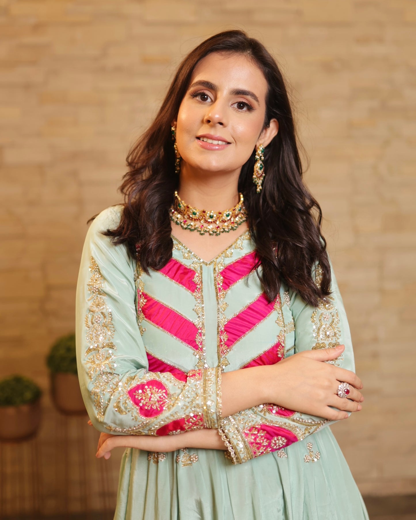 Sky Blue & Pink Hand-Embroidered Anarkali Suit