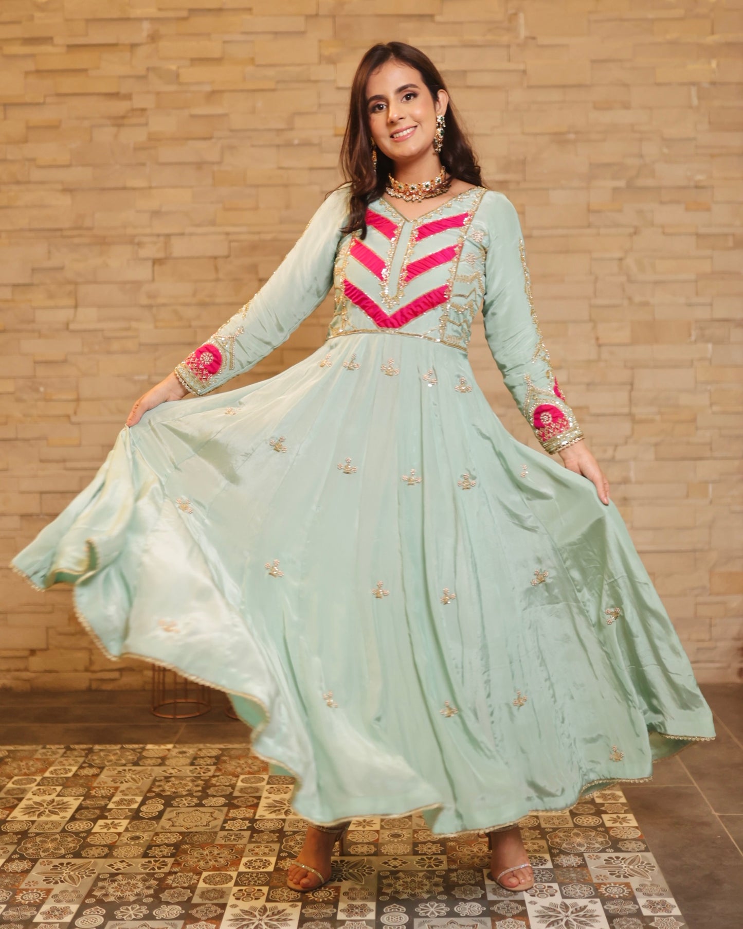 Sky Blue & Pink Hand-Embroidered Anarkali Suit