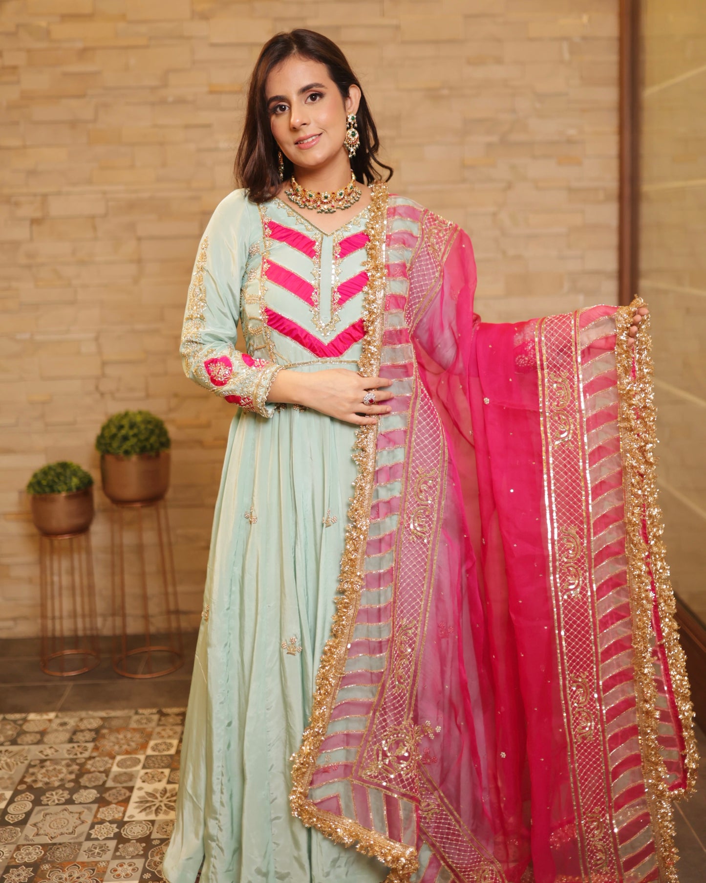 Sky Blue & Pink Hand-Embroidered Anarkali Suit