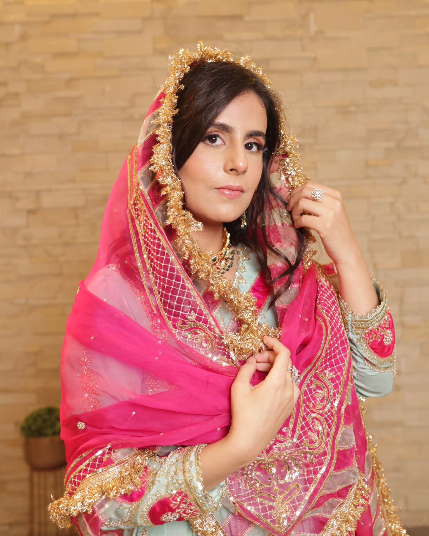 Sky Blue & Pink Hand-Embroidered Anarkali Suit