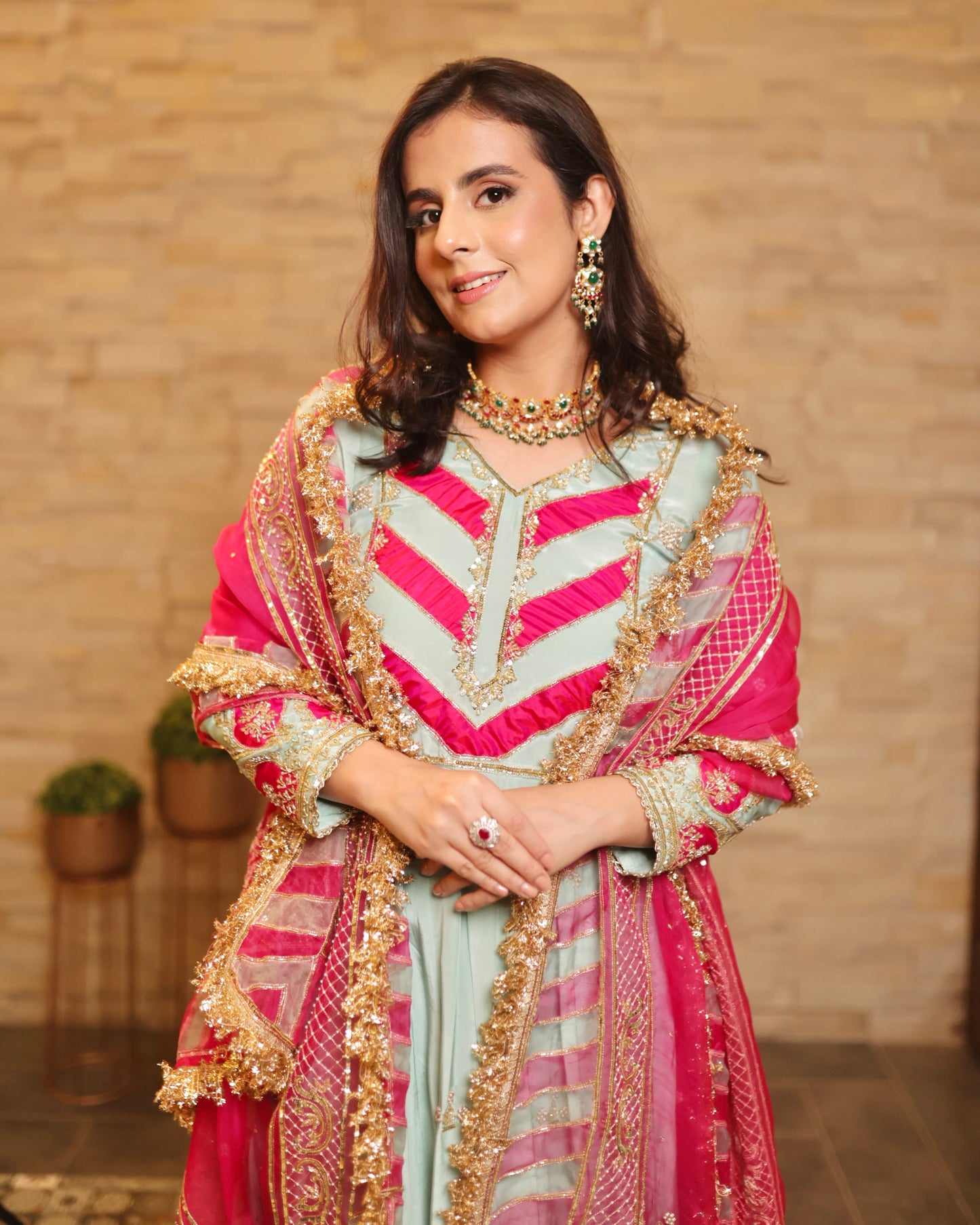 Sky Blue & Pink Hand-Embroidered Anarkali Suit