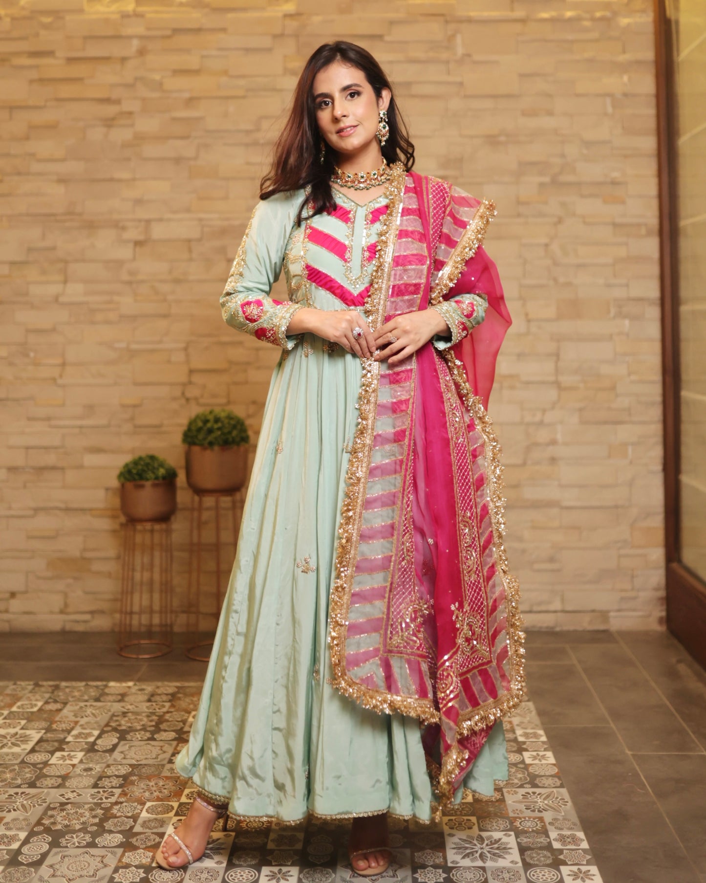 Sky Blue & Pink Hand-Embroidered Anarkali Suit