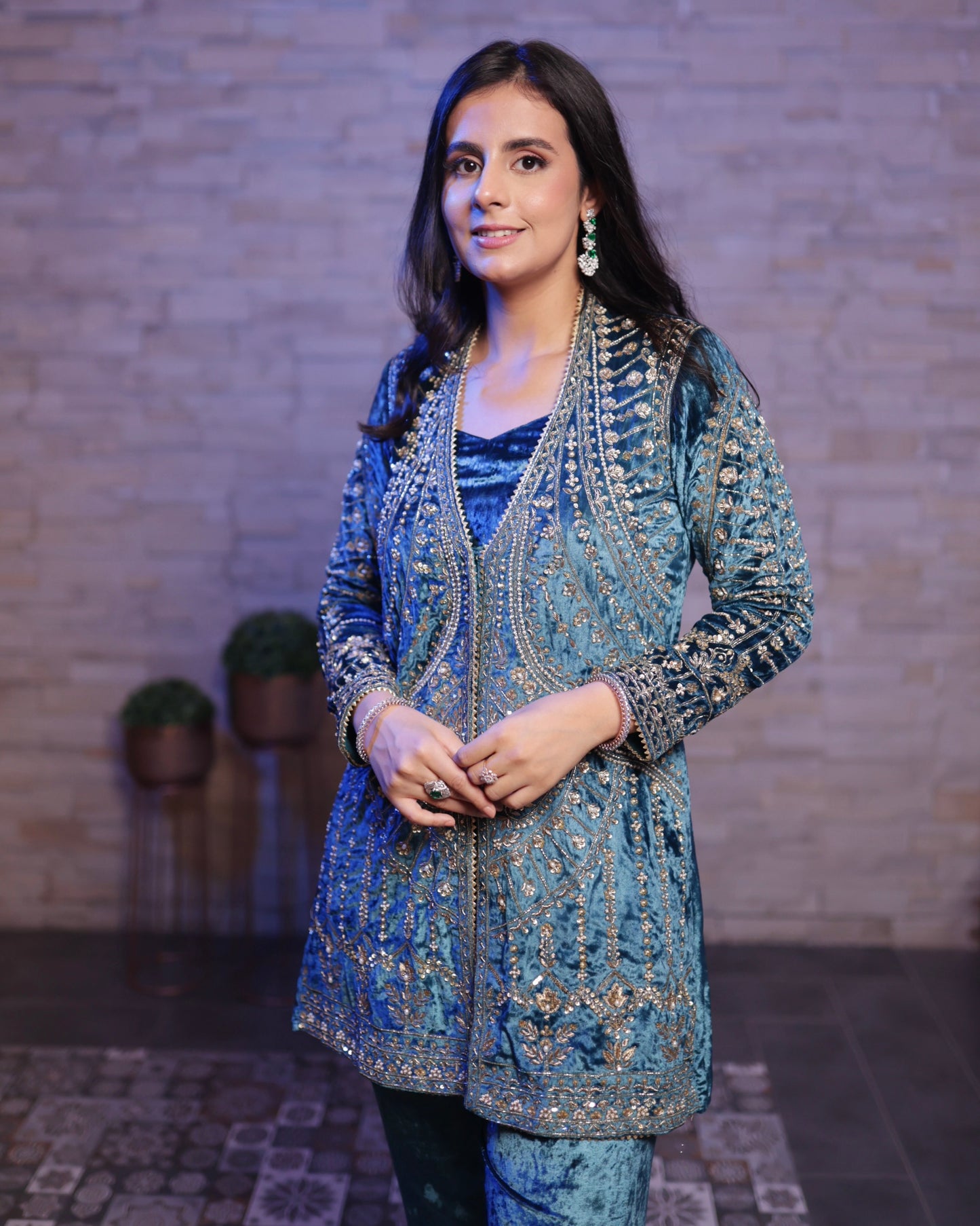 Blue Velvet Jacket Set- Handcrafted Elegance