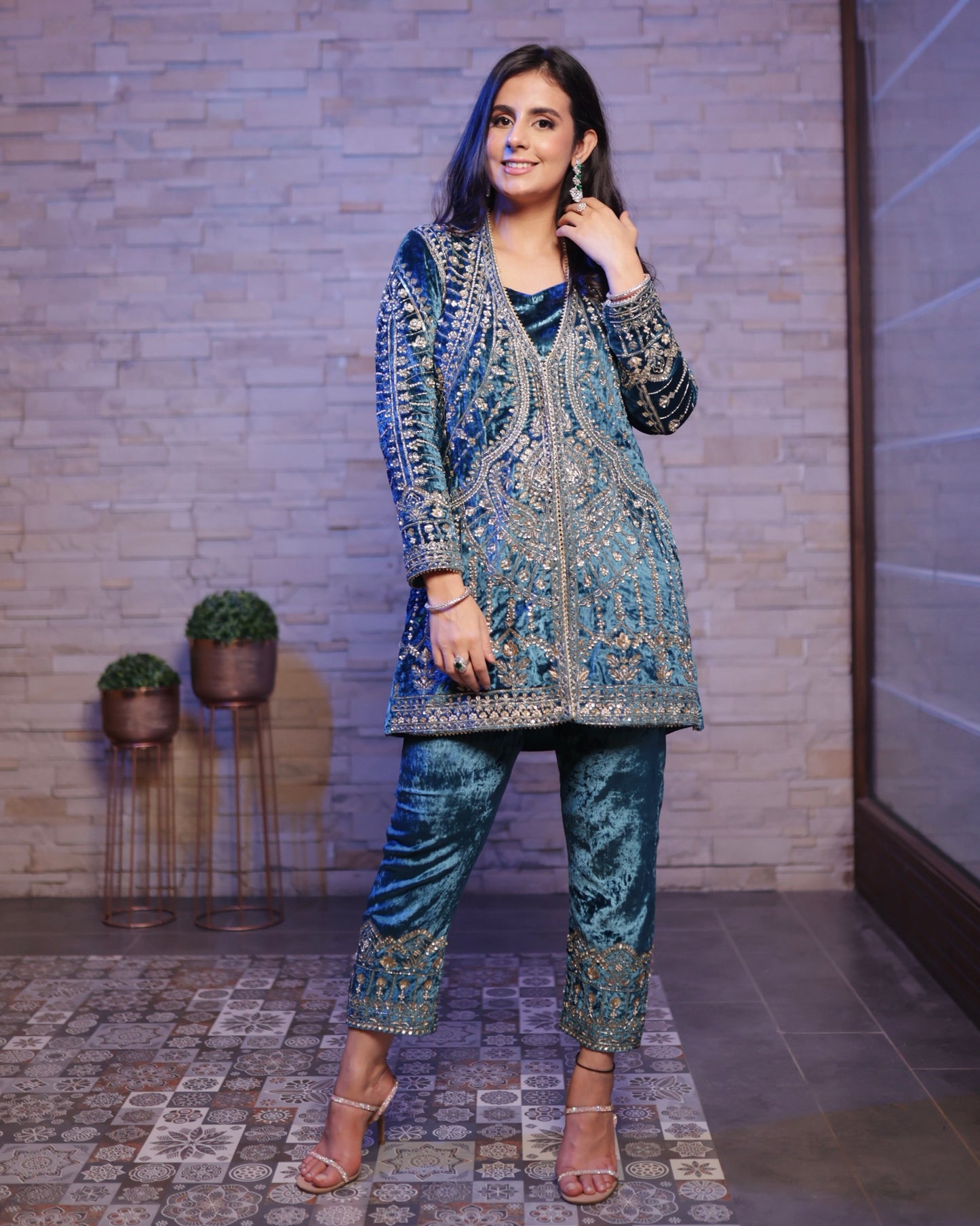 Blue Velvet Jacket Set- Handcrafted Elegance