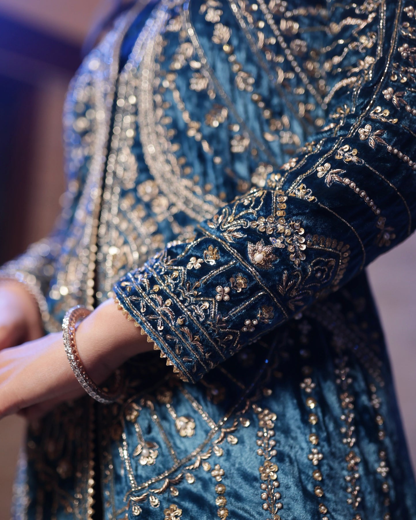 Blue Velvet Jacket Set- Handcrafted Elegance