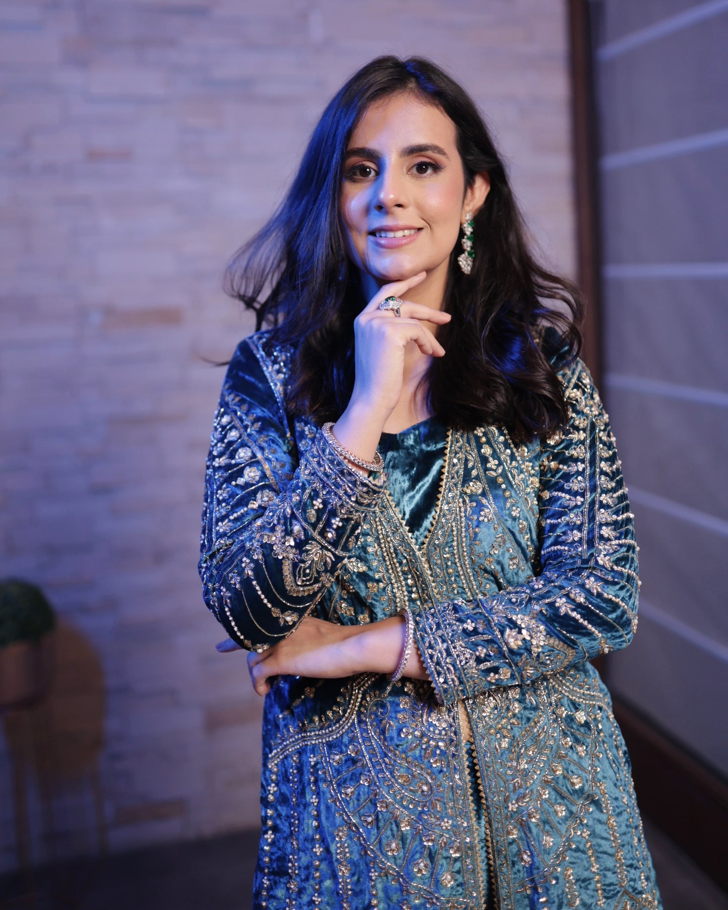 Blue Velvet Jacket Set- Handcrafted Elegance