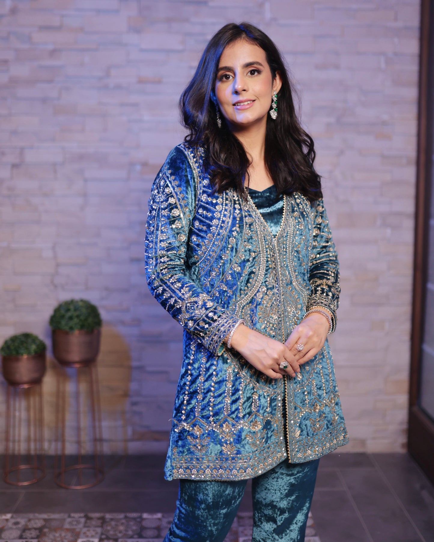 Blue Velvet Jacket Set- Handcrafted Elegance