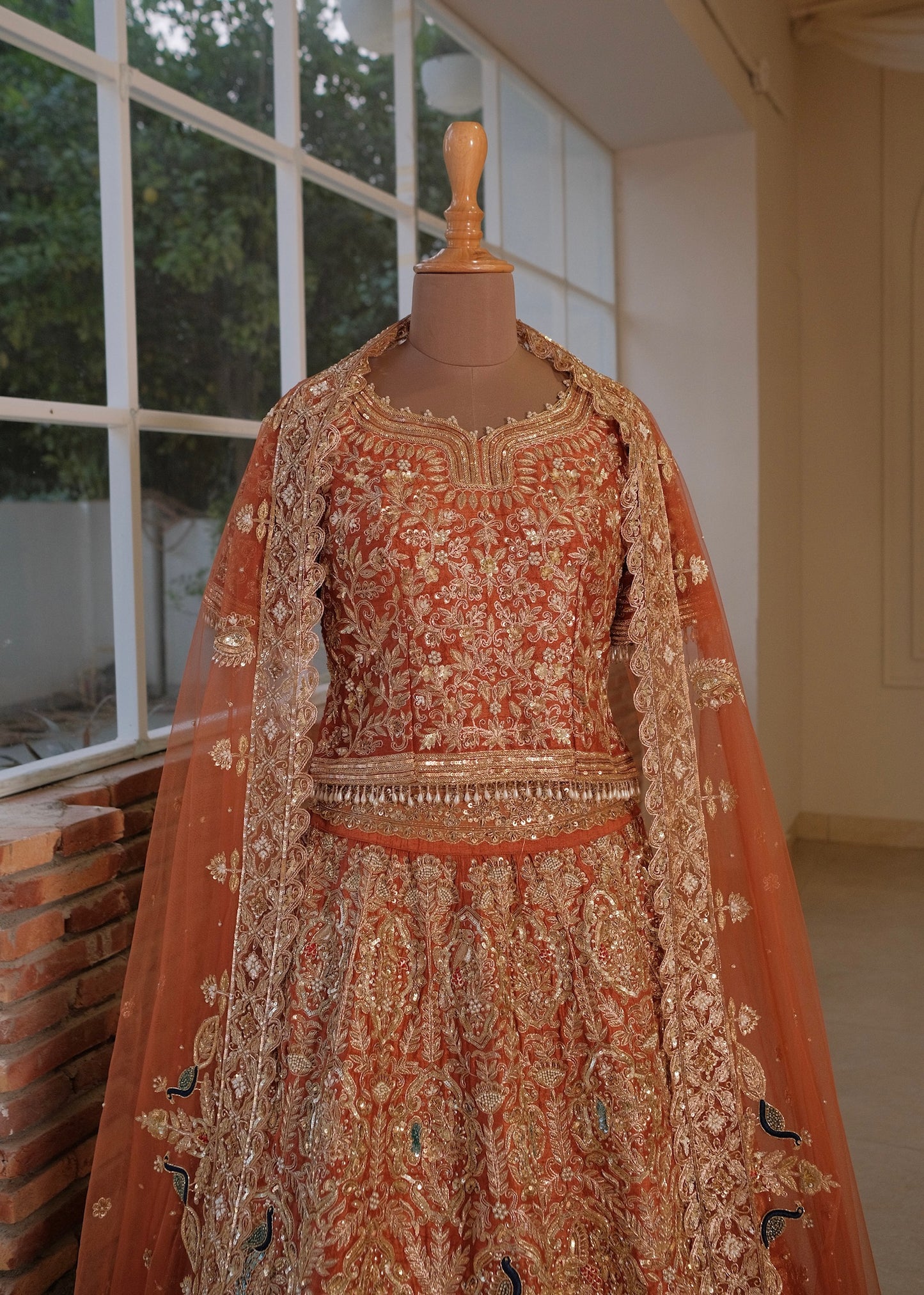 Burnt Orange Raw Silk Bridal Lehenga