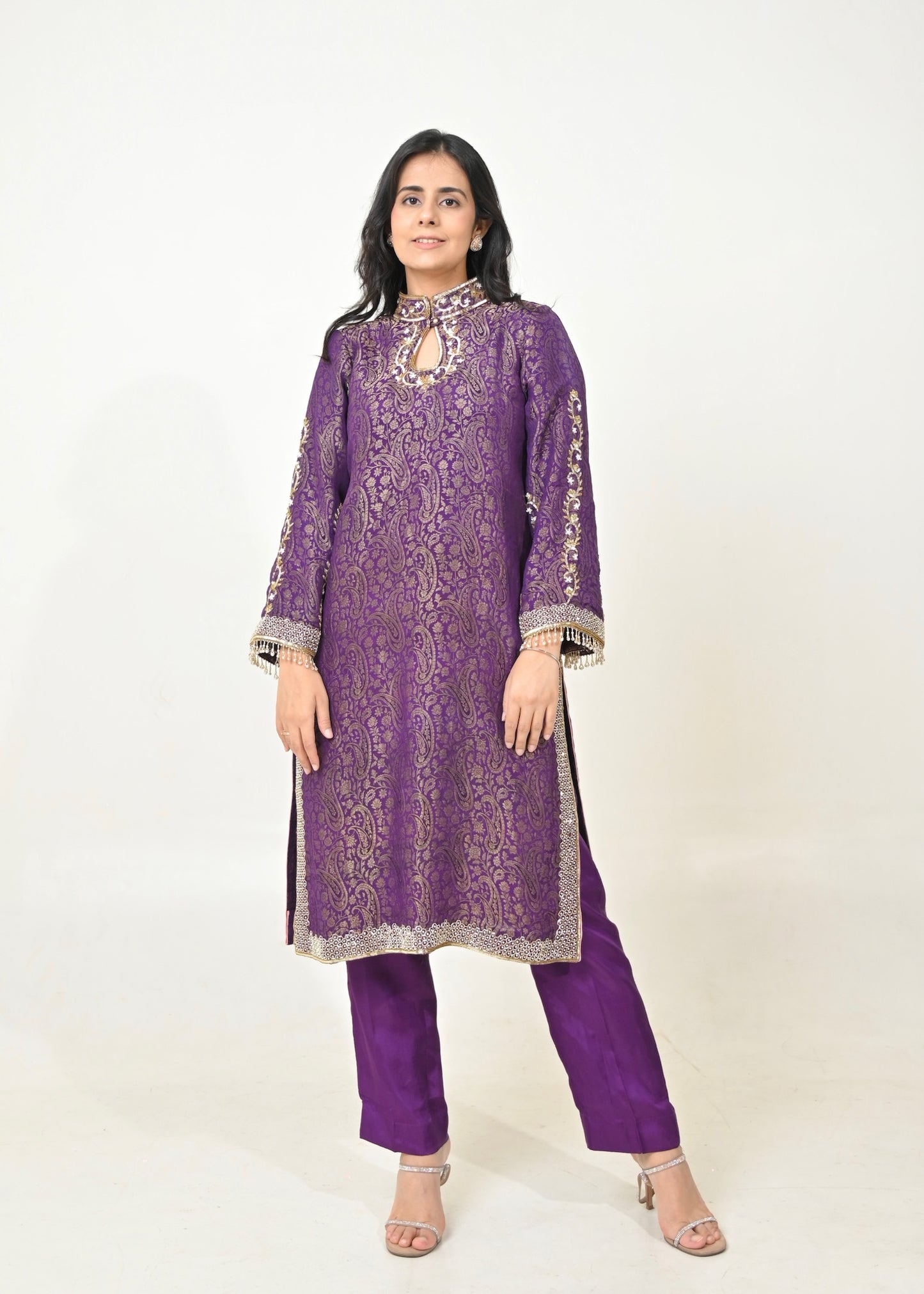Noor Hand-Embroidered Banarasi Suit Set- Purple