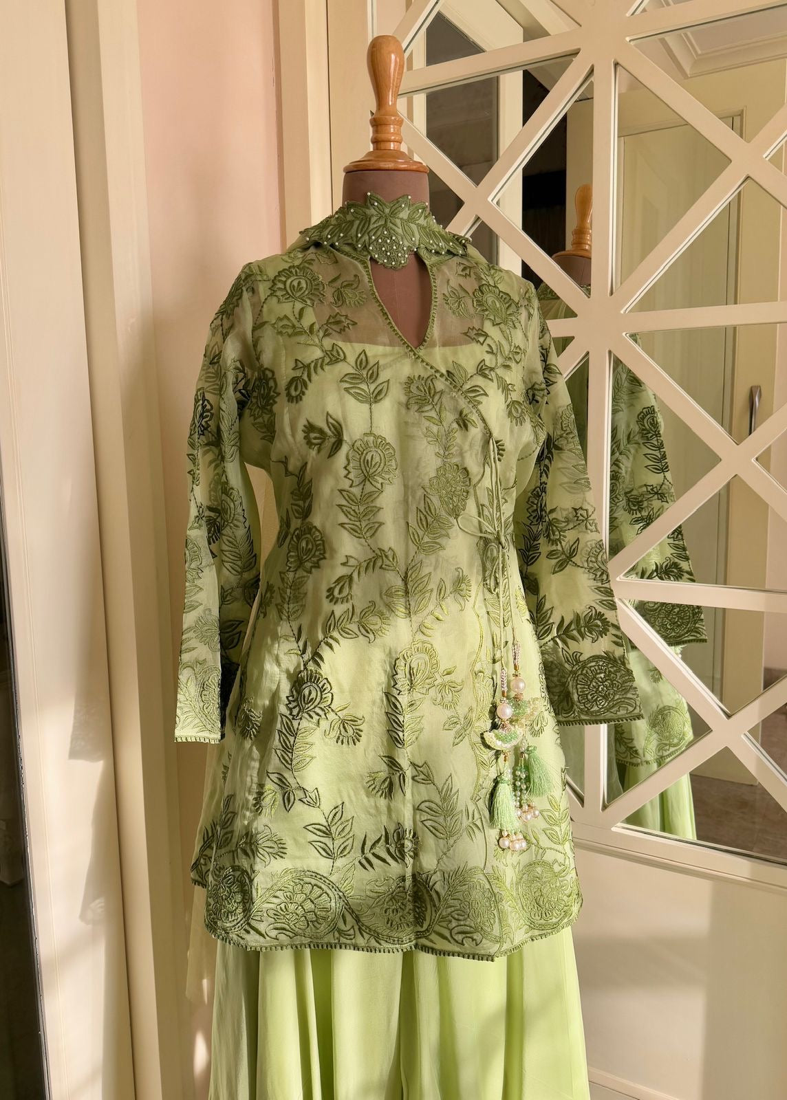 Pastel Green Organza Jacket Sharara Set – 4 Piece Ensemble