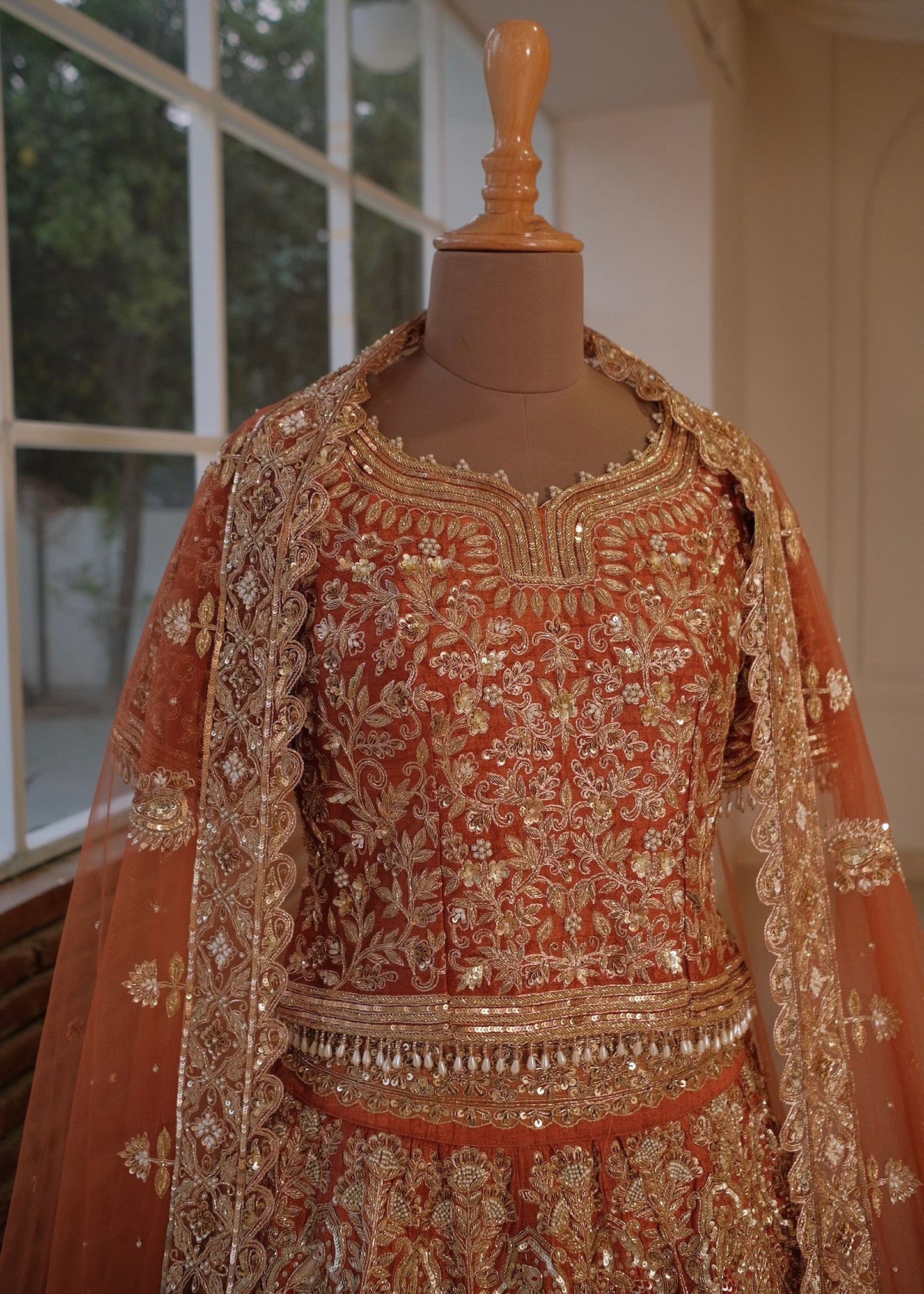 Burnt Orange Raw Silk Bridal Lehenga