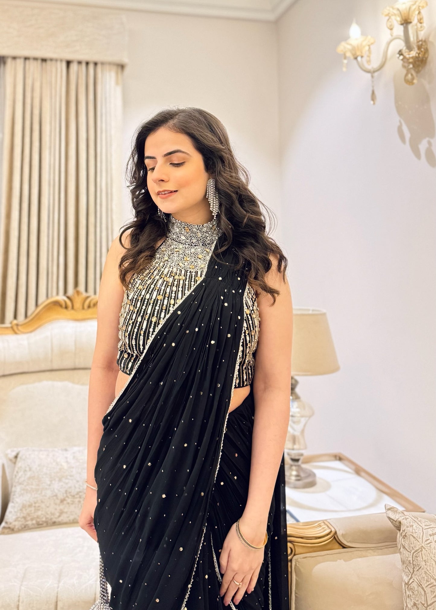 Pre-Draped Hand Embroidered Georgette Saree