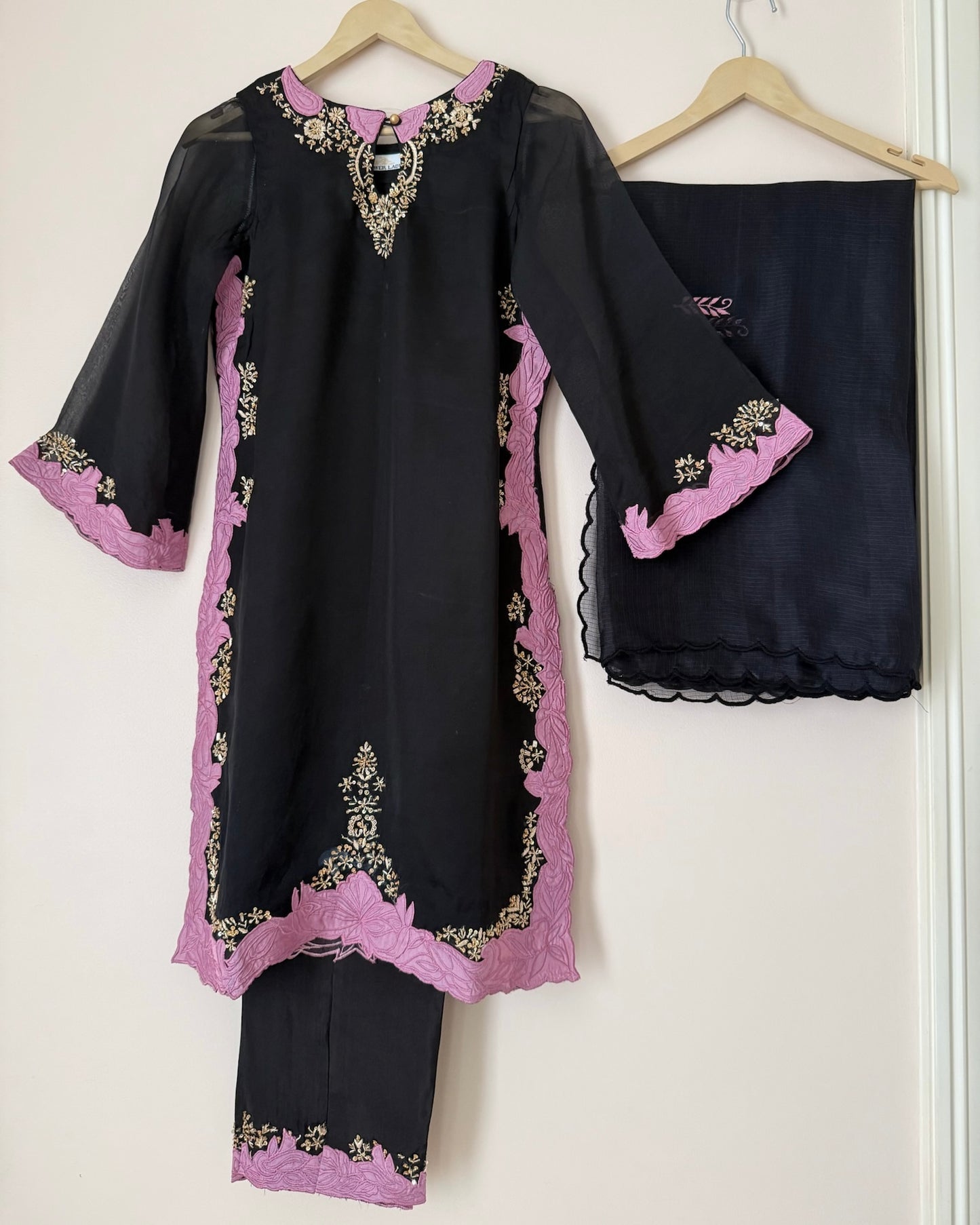 Black Semi-Silk Suit with Mauve Embroidery