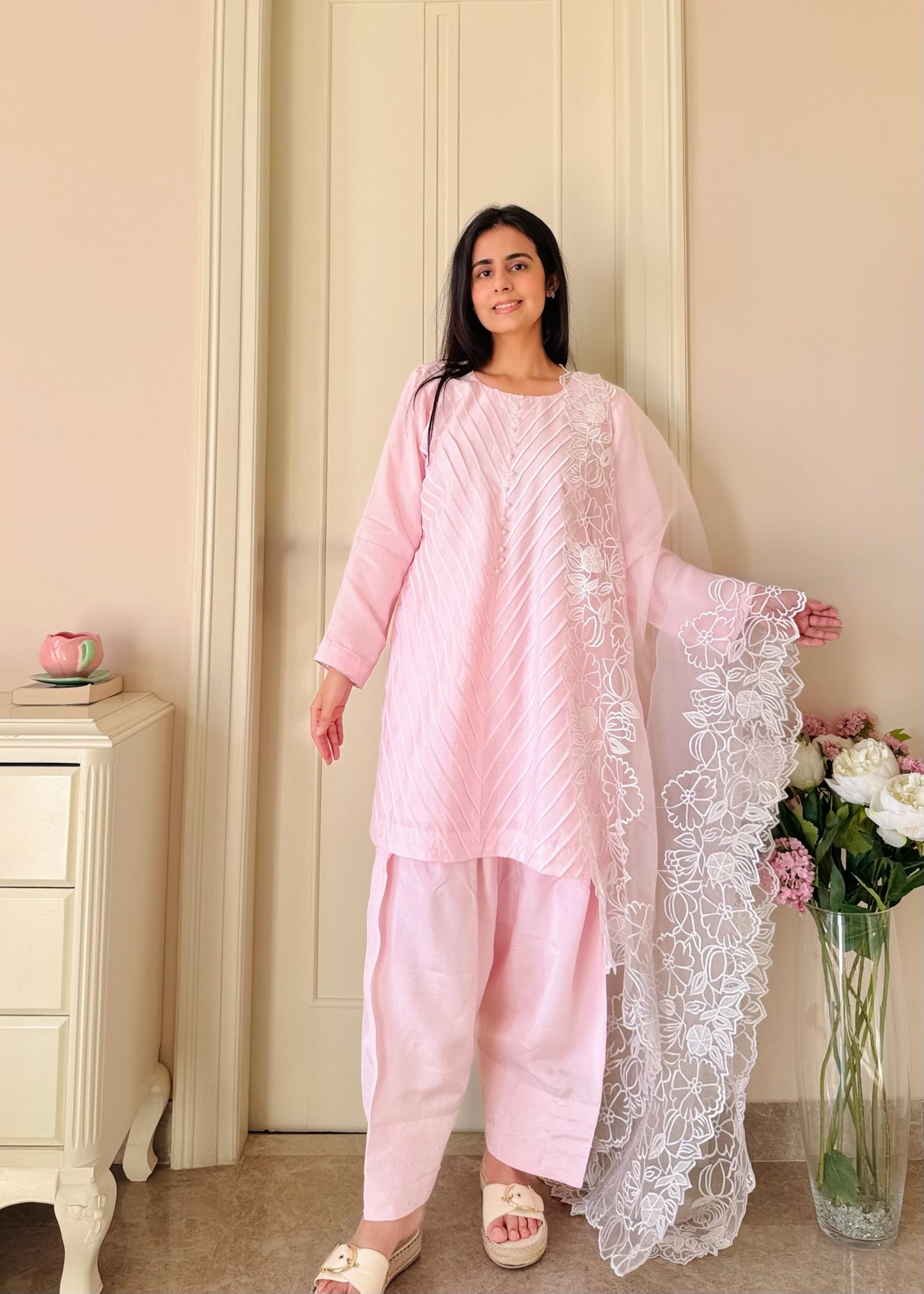 Blush Reverie — Semi Silk Pintex Suit with Organza Dupatta