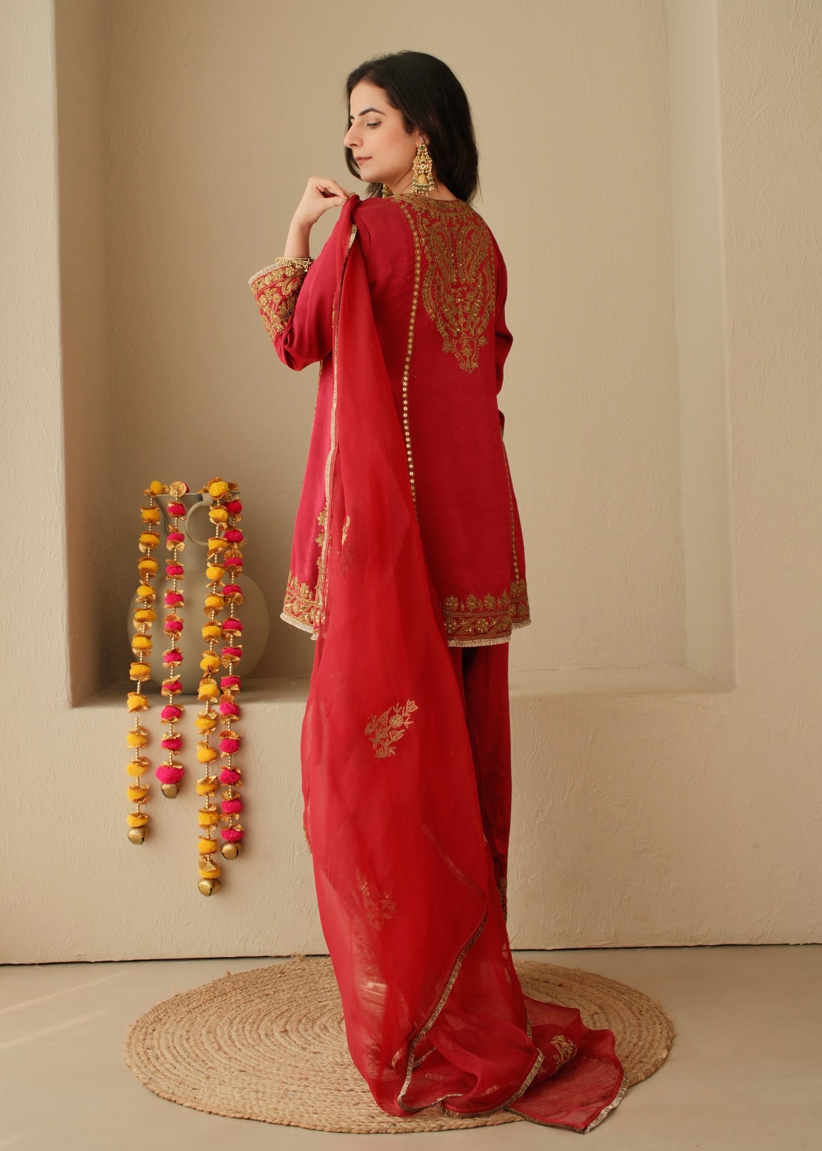 Surkh- Maroon Red Flat Raw Silk Suit