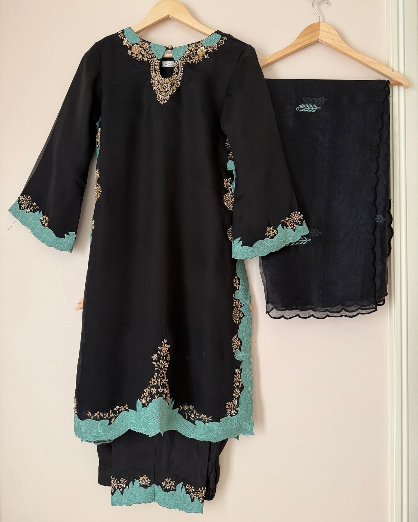 Black Semi-Silk Suit with Green Embroidery