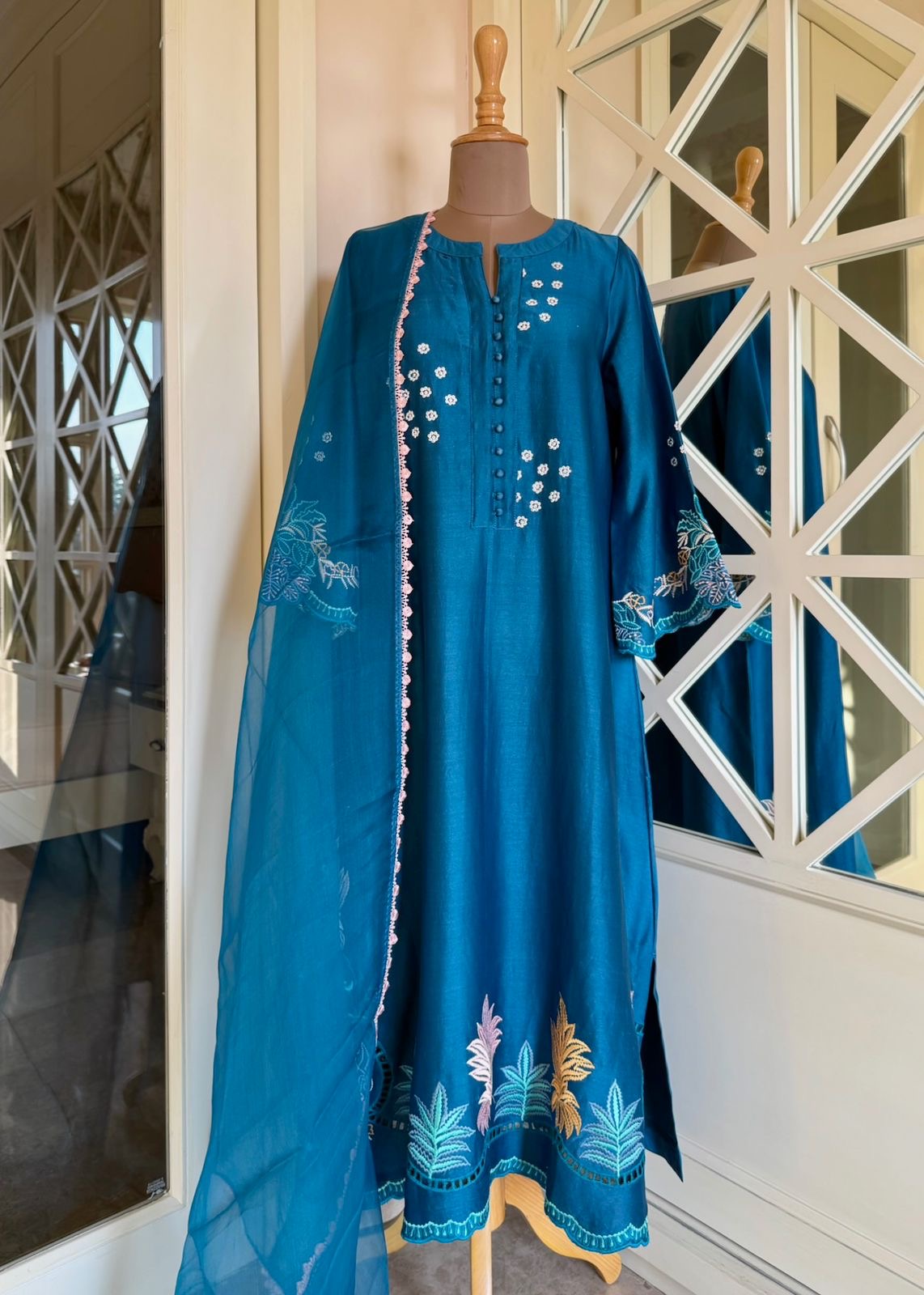 Turquoise Pure Chanderi Kurta Set