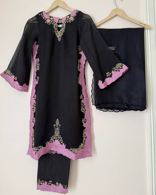 Black Semi-Silk Suit with Mauve Embroidery