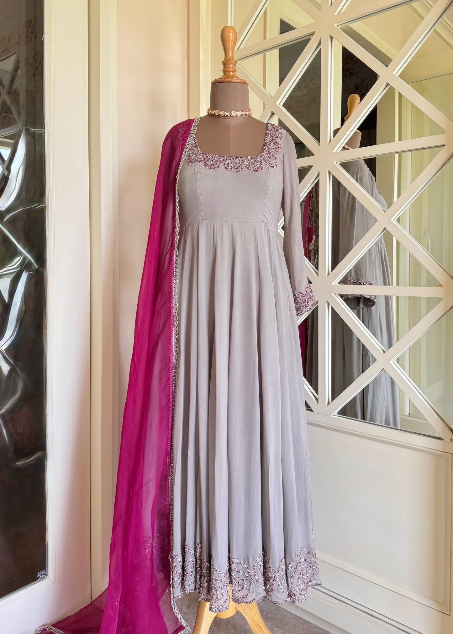 Dove Grey Embellished Georgette Anarkali with Magenta Dupatta