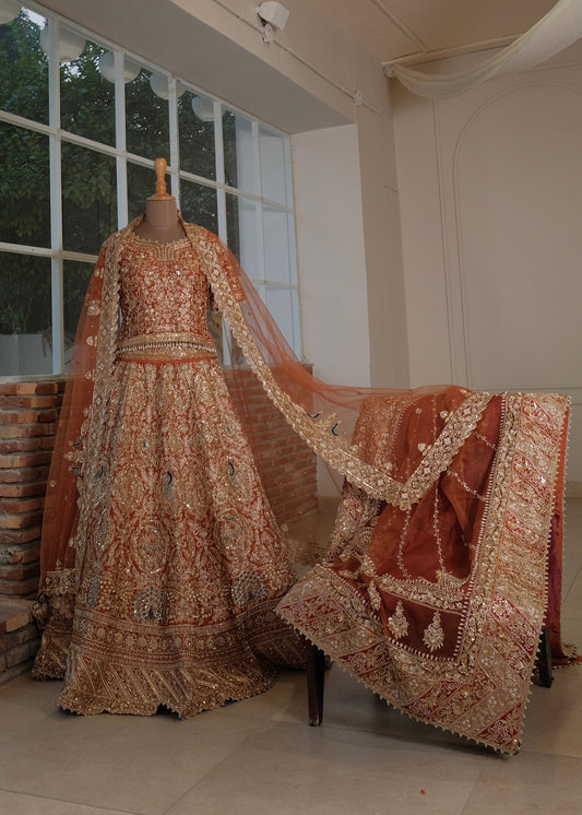 Burnt Orange Raw Silk Bridal Lehenga