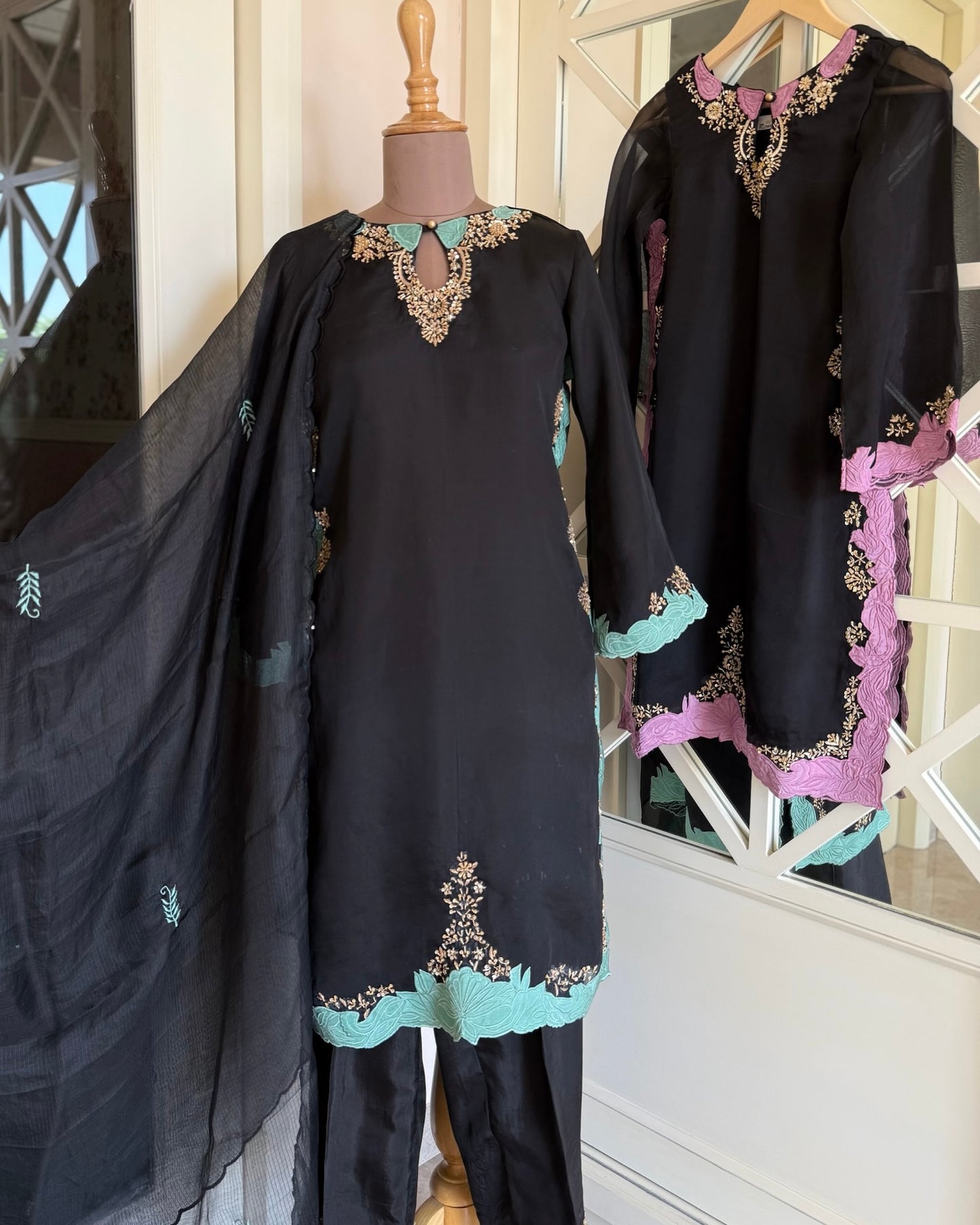 Black Semi-Silk Suit with Green Embroidery