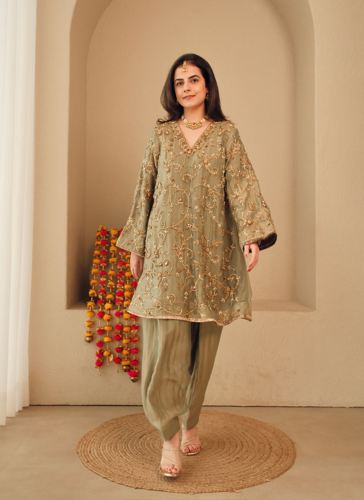 Sage Zari – Pure Crushed Tissue Salwar Set