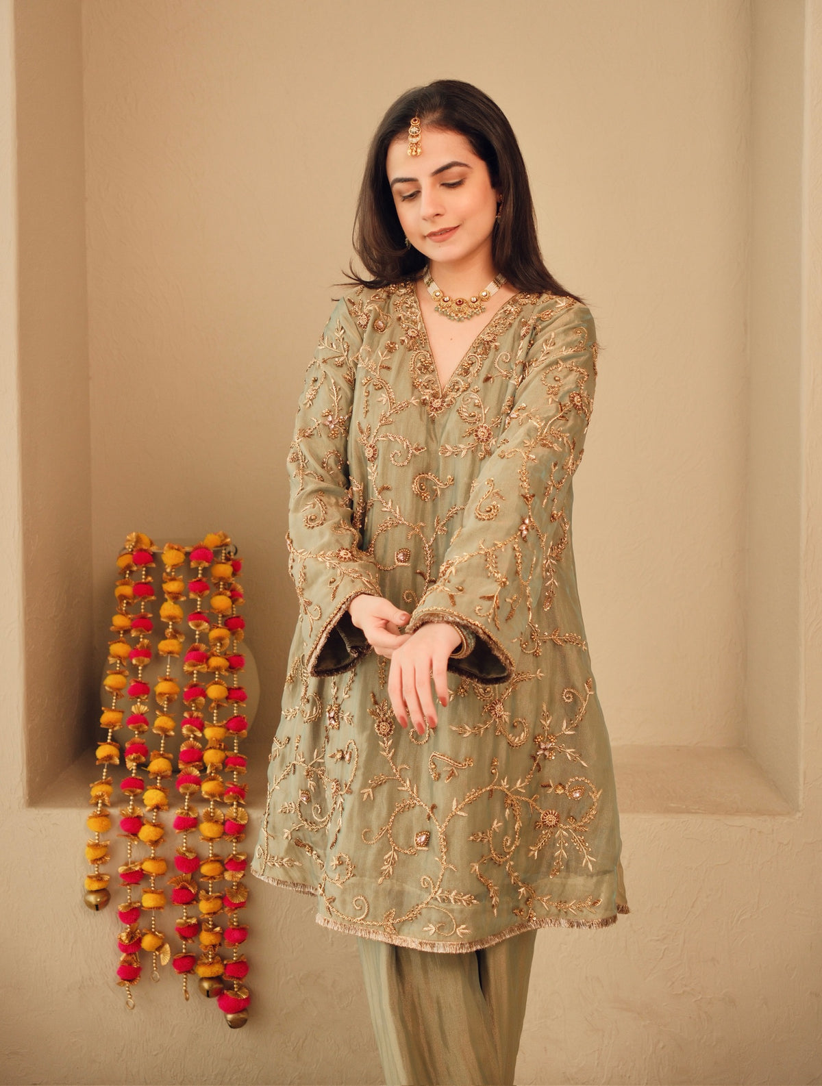 Sage Zari – Pure Crushed Tissue Salwar Set